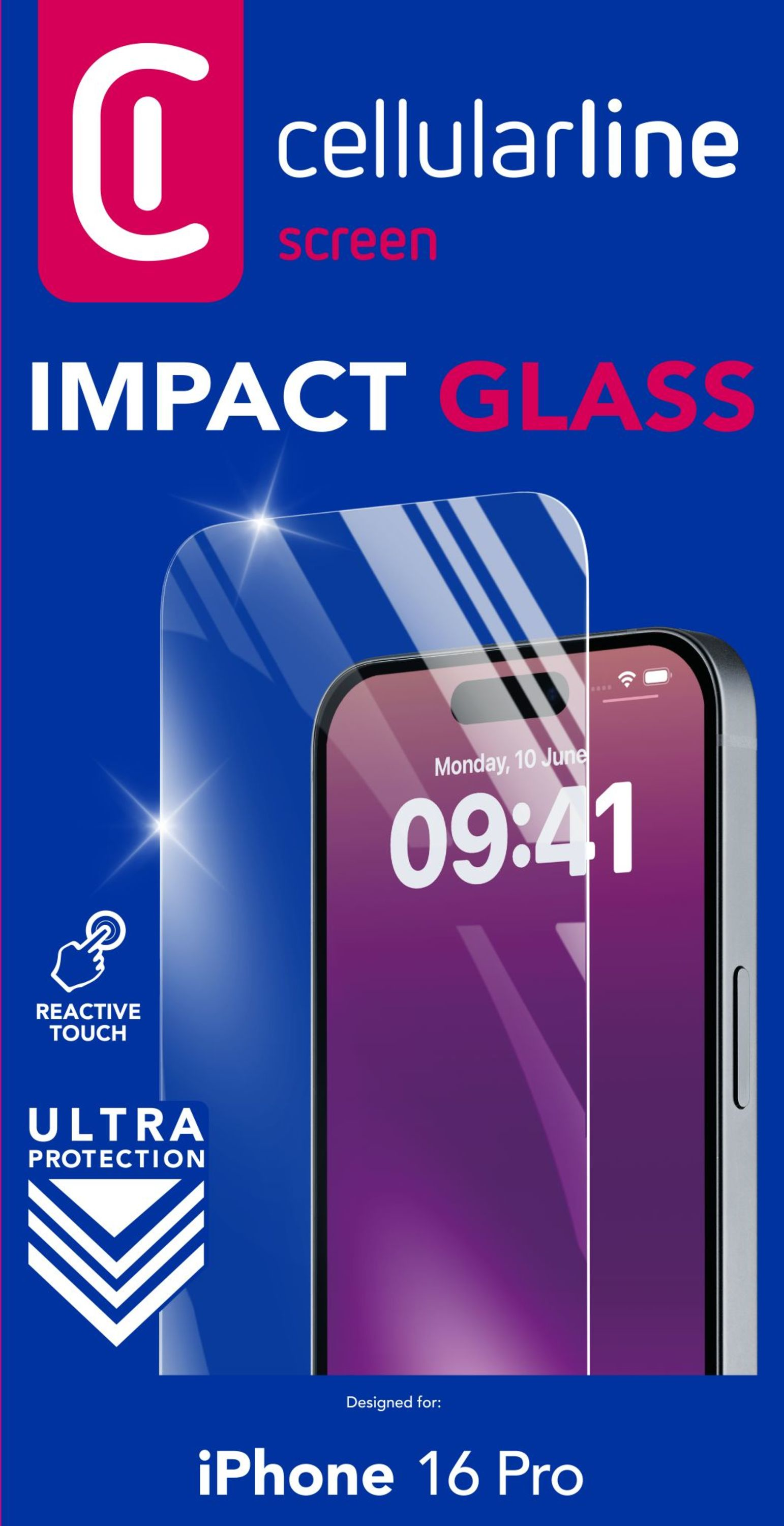 Protecteur d'écran avec un iPhone, texte: Impact Glass, conçu pour iPhone 16 Pro.