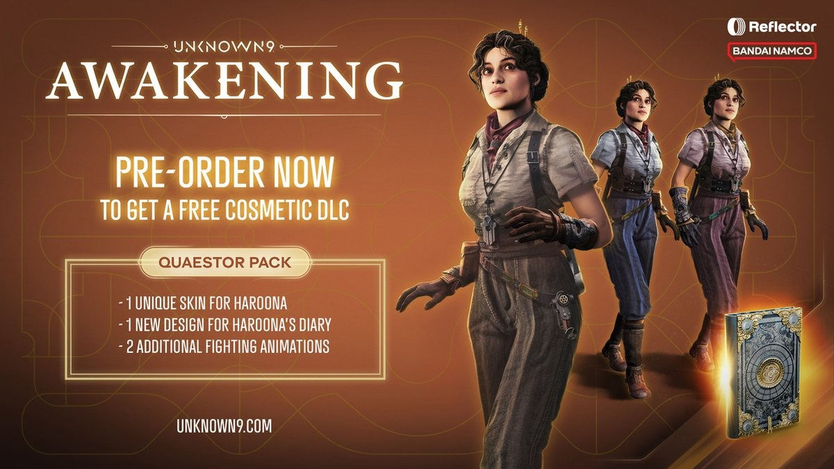 Een advertentie voor Unknown9: Awakening. Toont een vrouw in steampunk-outfit, met twee andere versies. Bevat een boek en tekst.