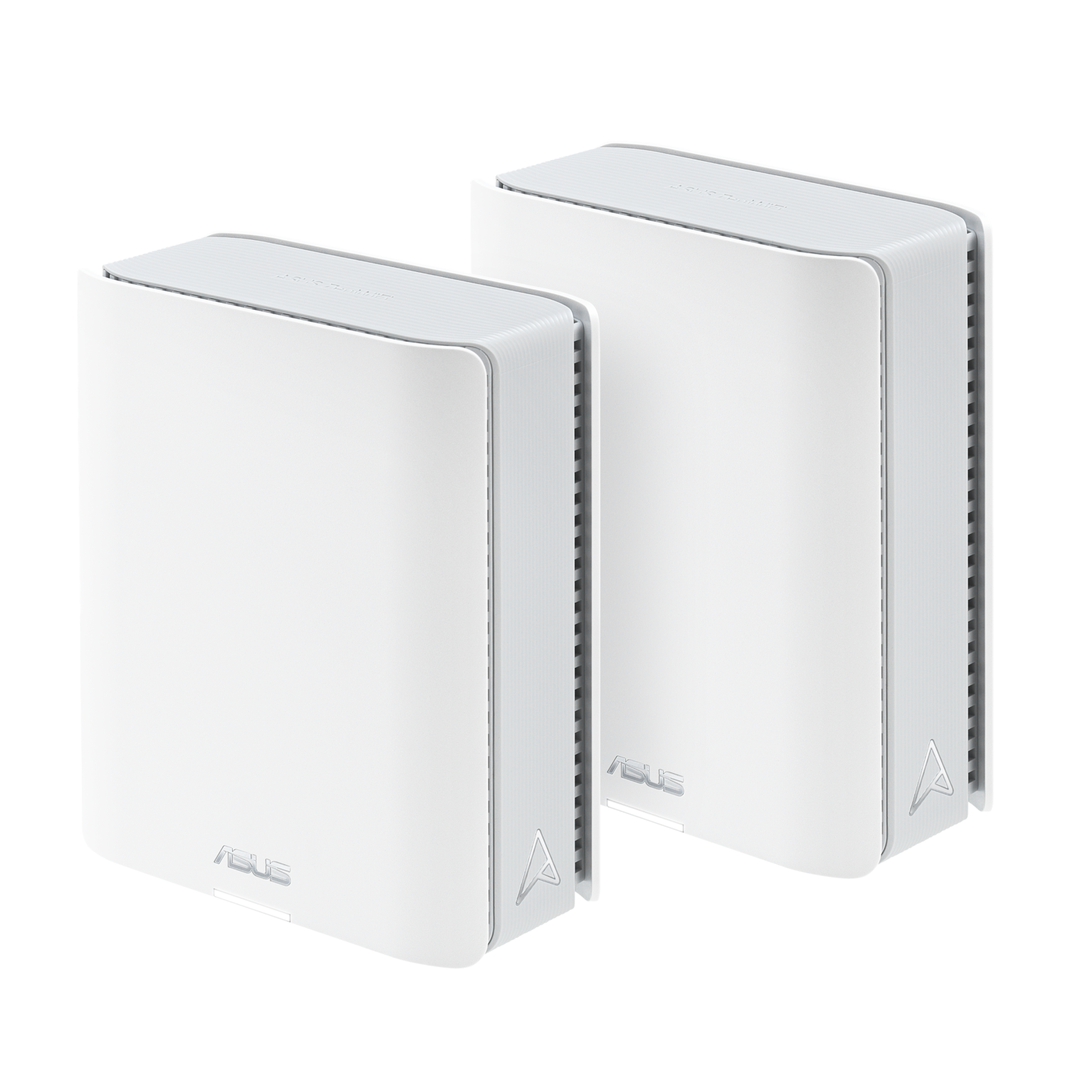 Two white mesh Wi-Fi extenders on a black background. Each has ASUS logo on front.