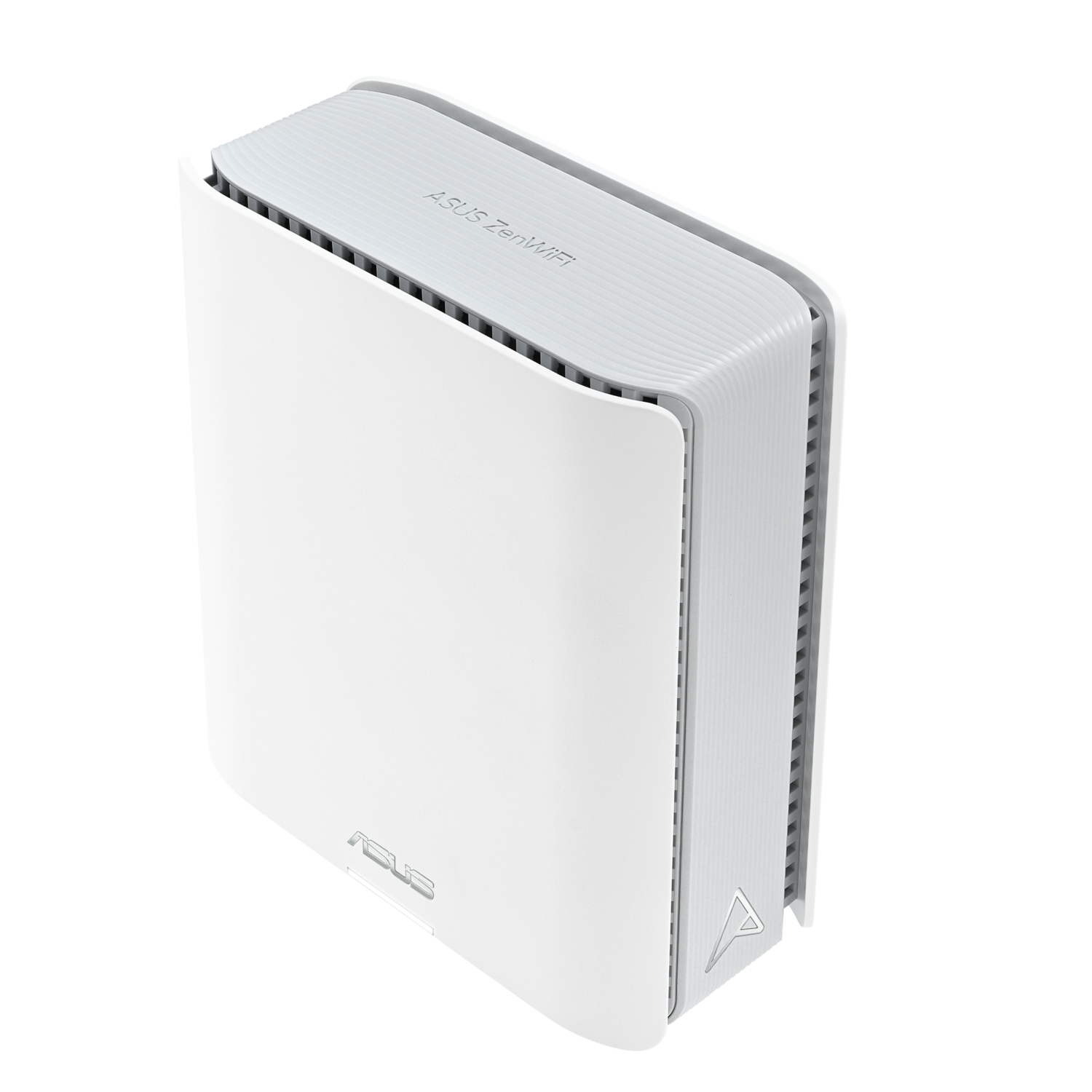 White rectangular ASUS ZenWiFi router with gray top. It stands on a dark surface.