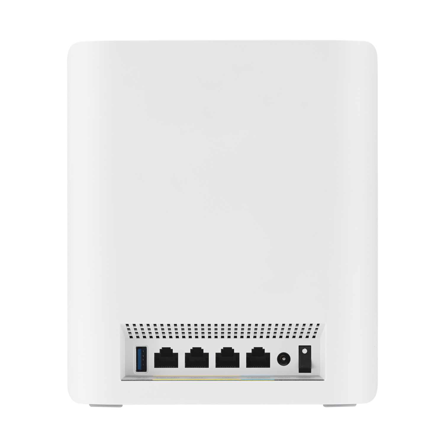 Back of a white router with ports and vents.