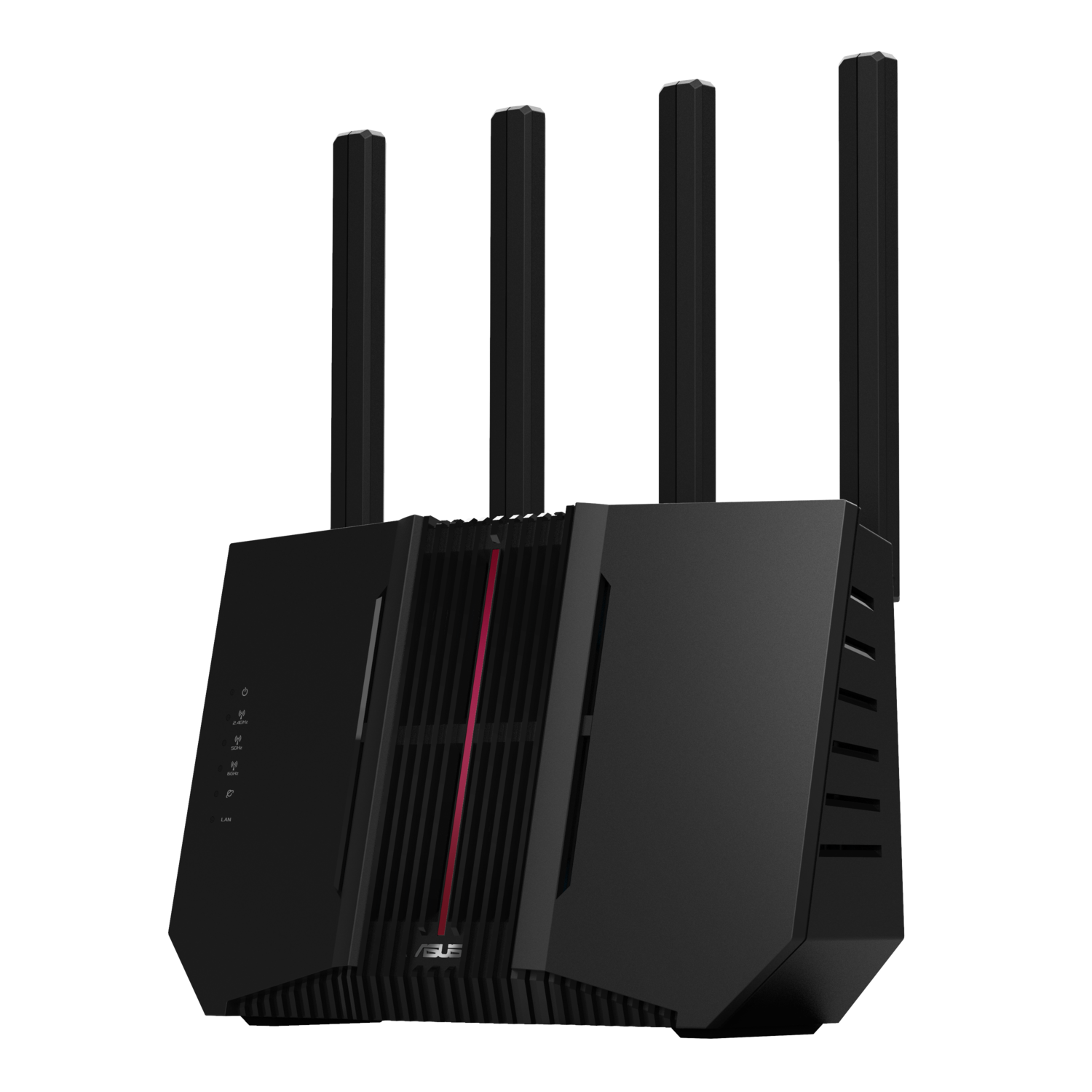Black router with four antennas and a red accent, isolated on a black background.