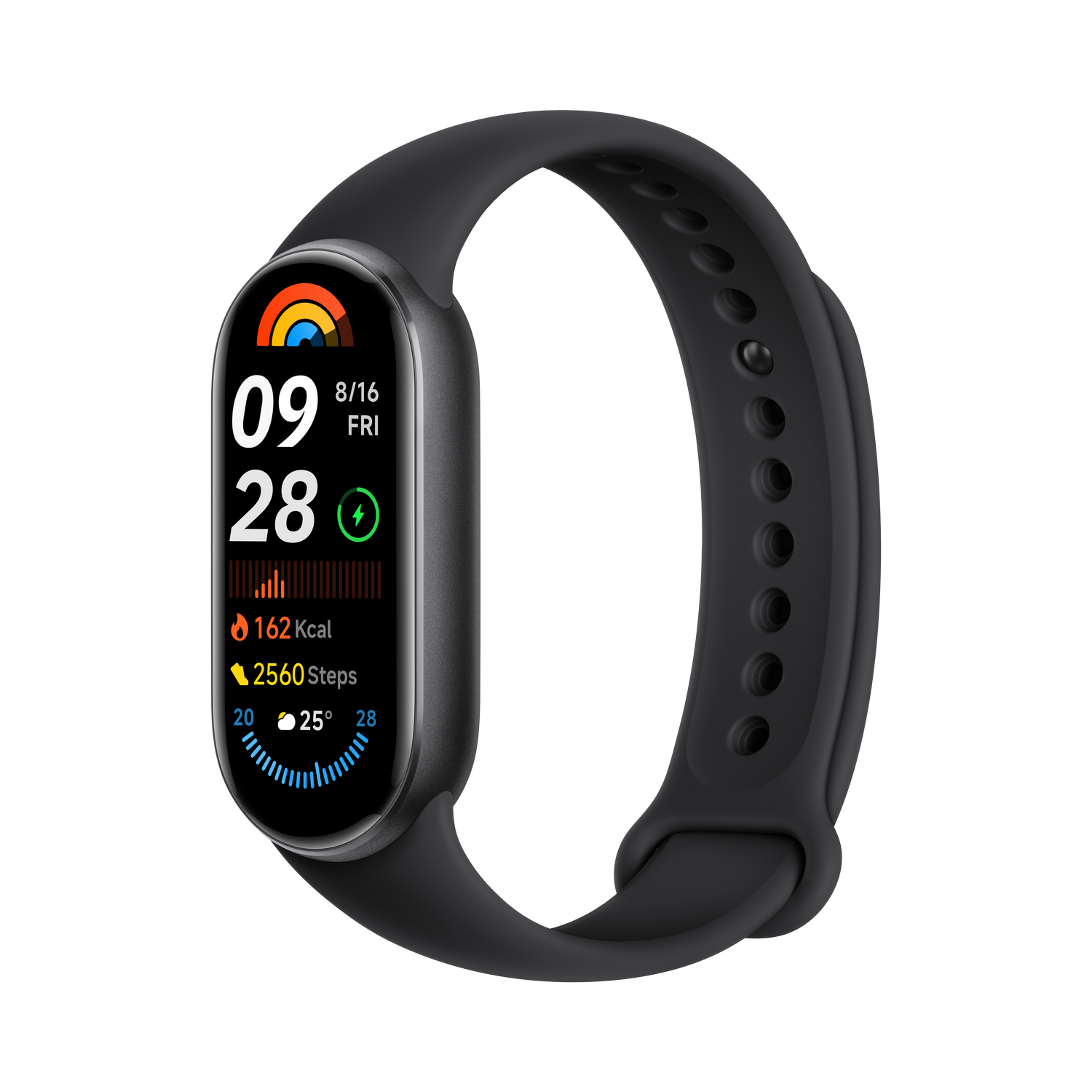 Reloj inteligente negro con hora, fecha, pasos y frecuencia cardíaca en pantalla.