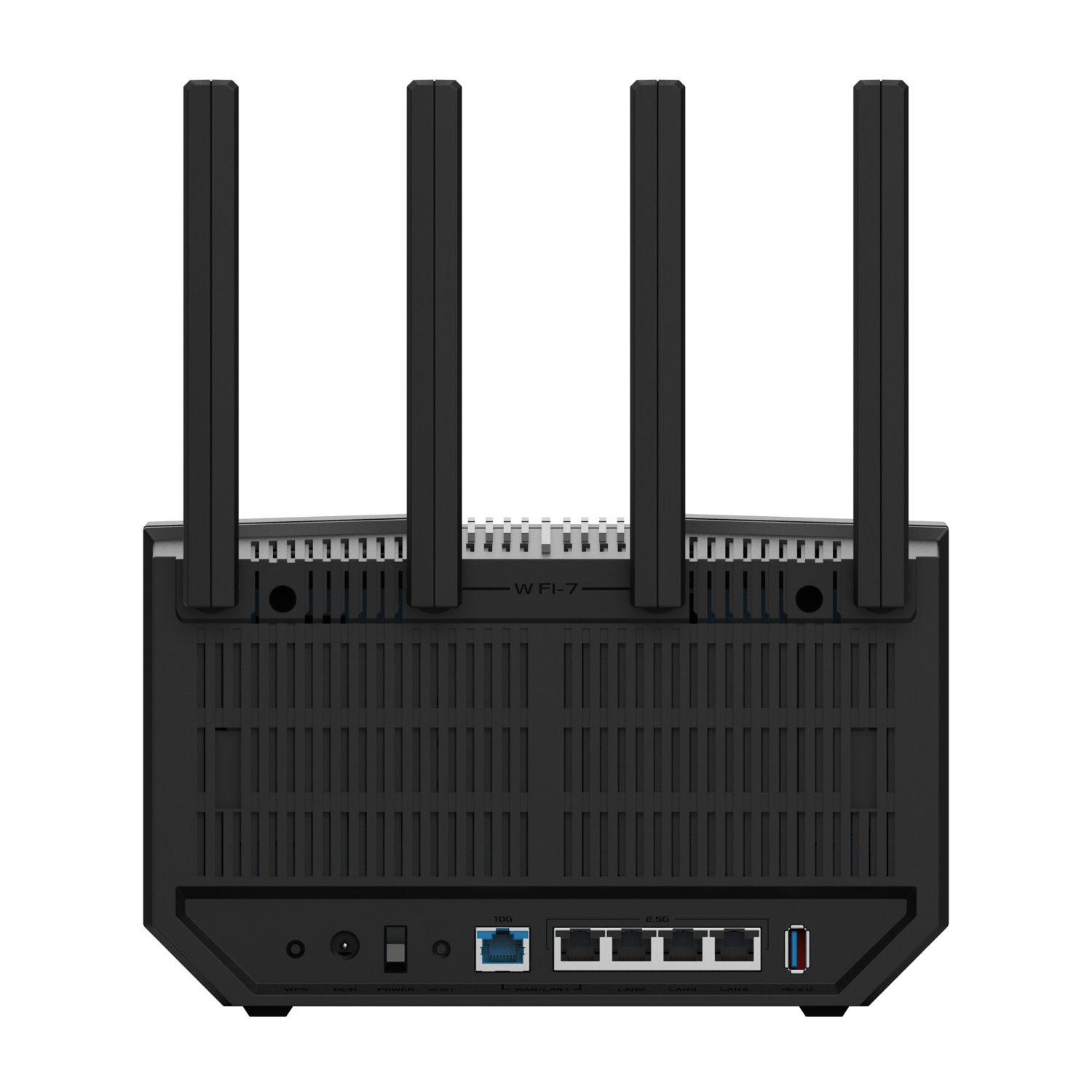 Back view of a black Wi-Fi 7 router with antennas and ports.