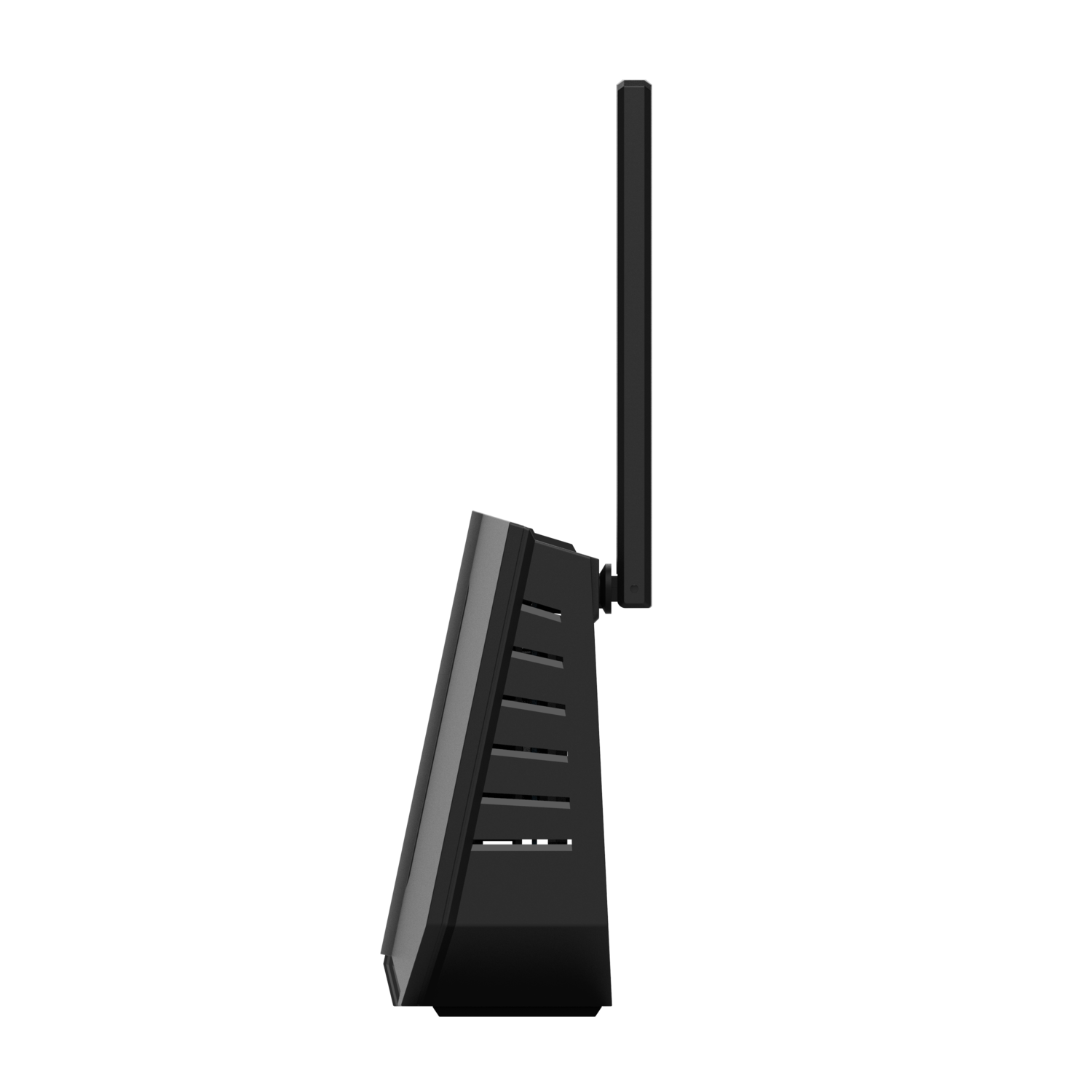 Black router with a single antenna. Angled view on a black background. Modern design.
