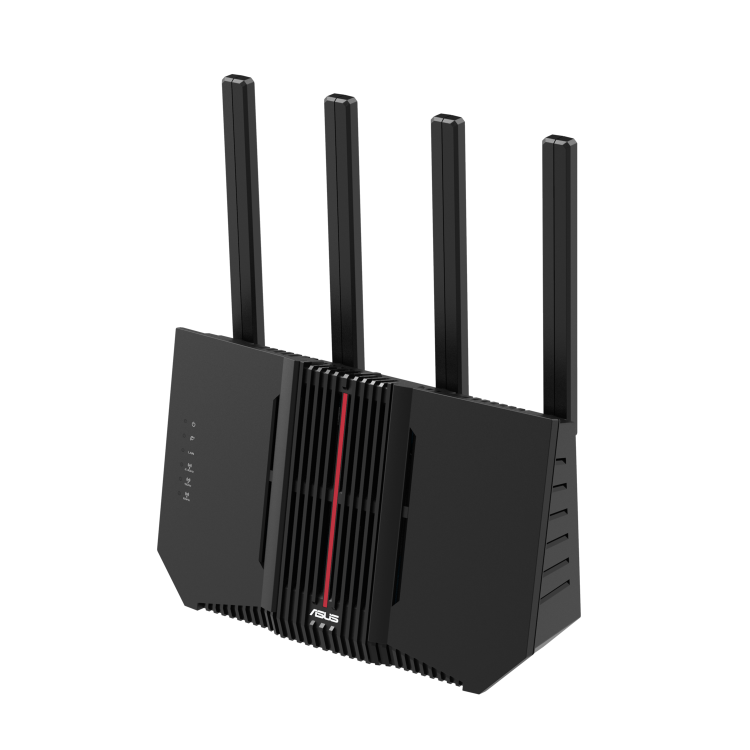 Black router with antennas, red stripe, and the ASUS logo.