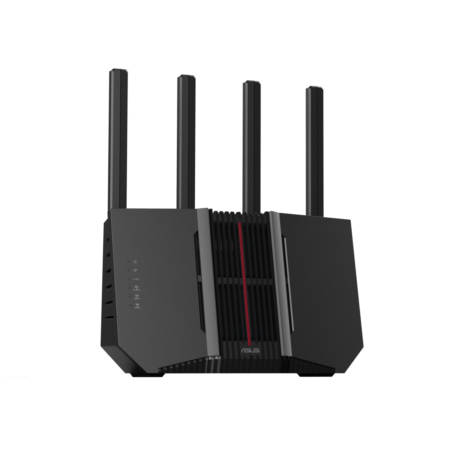 Black router with 4 antennas, red accent, set against a black background.