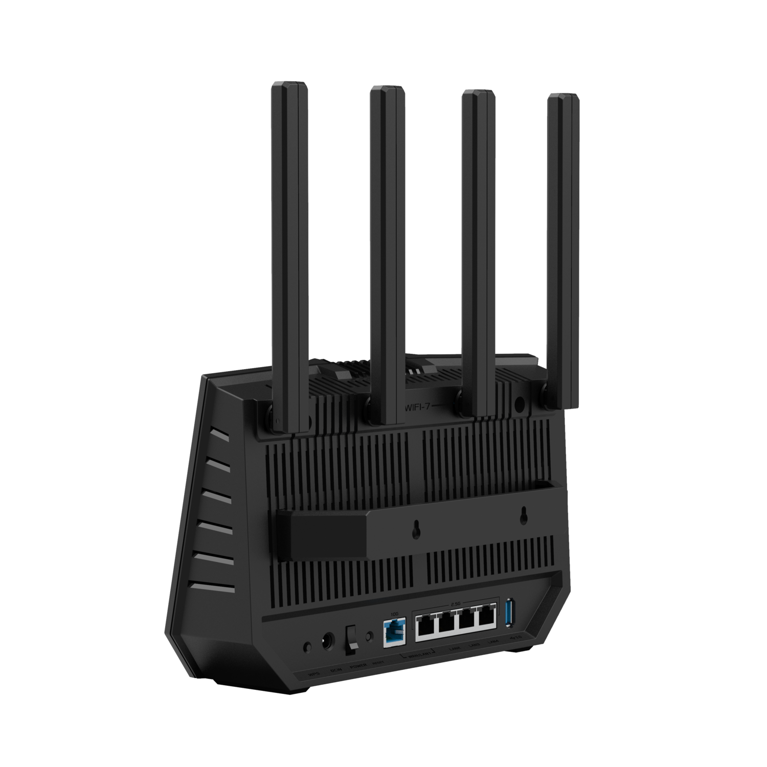 Black router with four antennas. Back view shows ports. Modern design, black background.