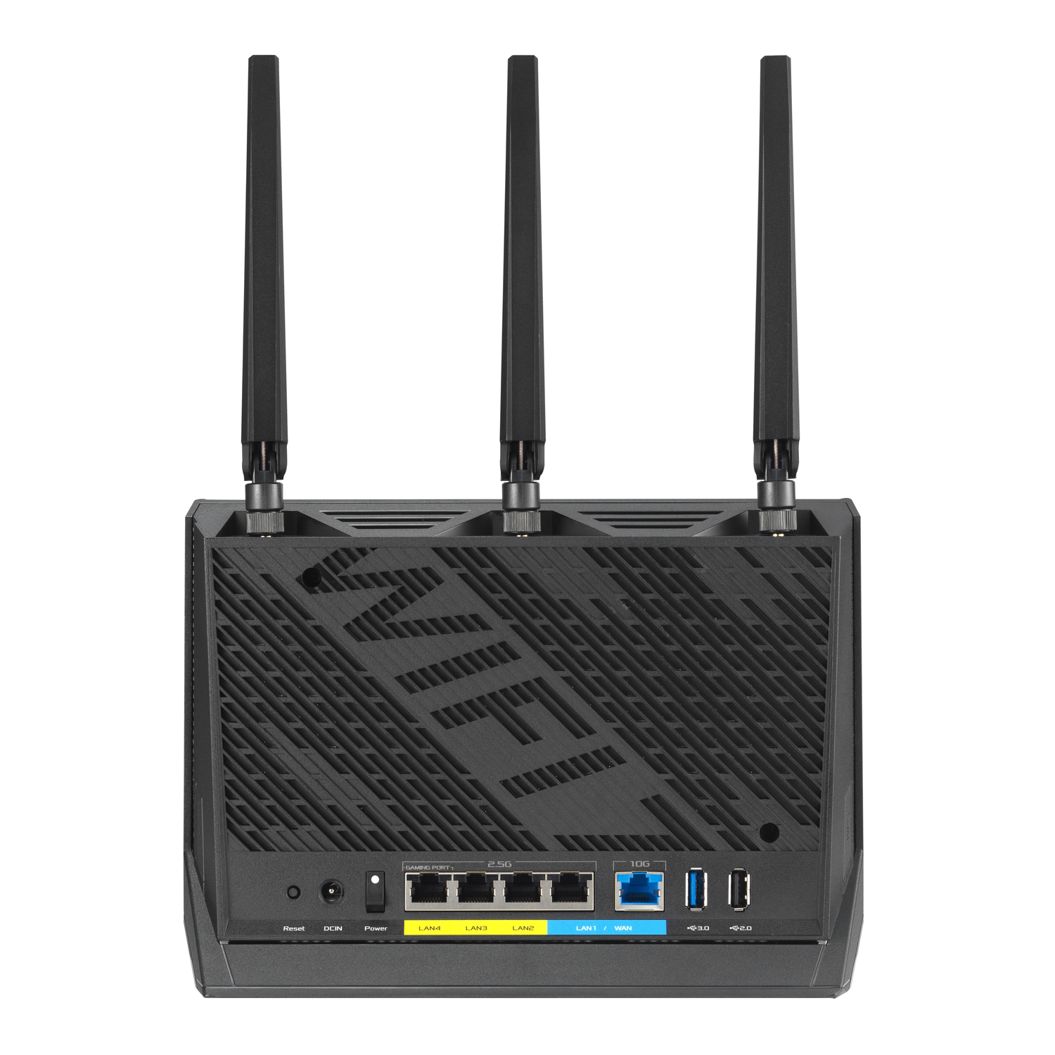 Black router with three antennas. Angled view. ASUS logo is visible. Red accent at the bottom.