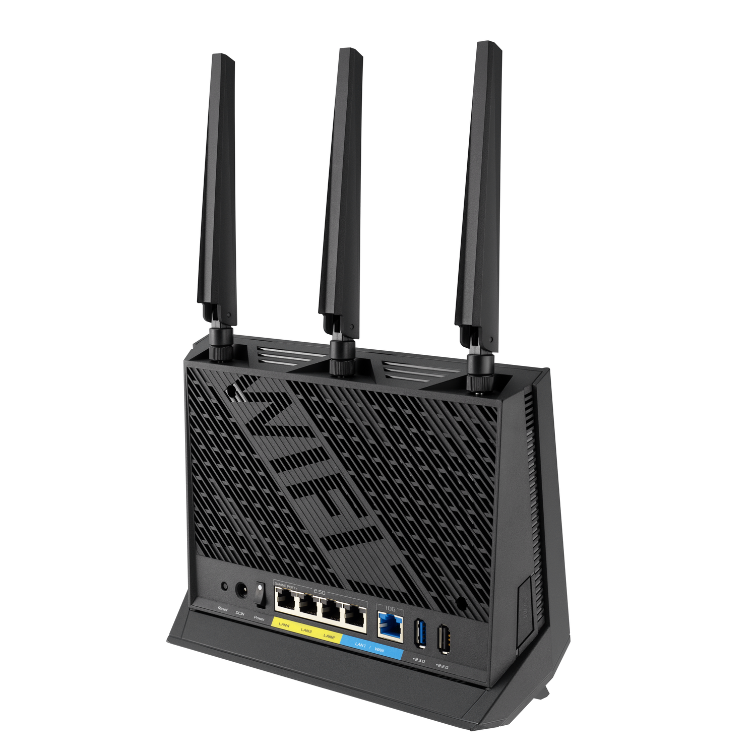 A black router with three antennas stands on a white surface.
