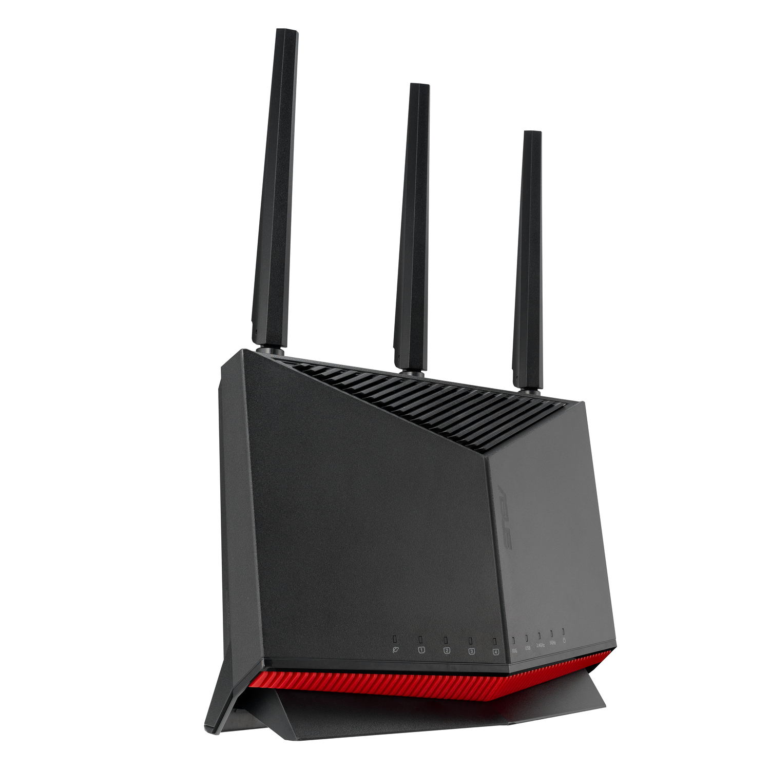Black ASUS router with three antennas, red accent, and multiple indicator lights.