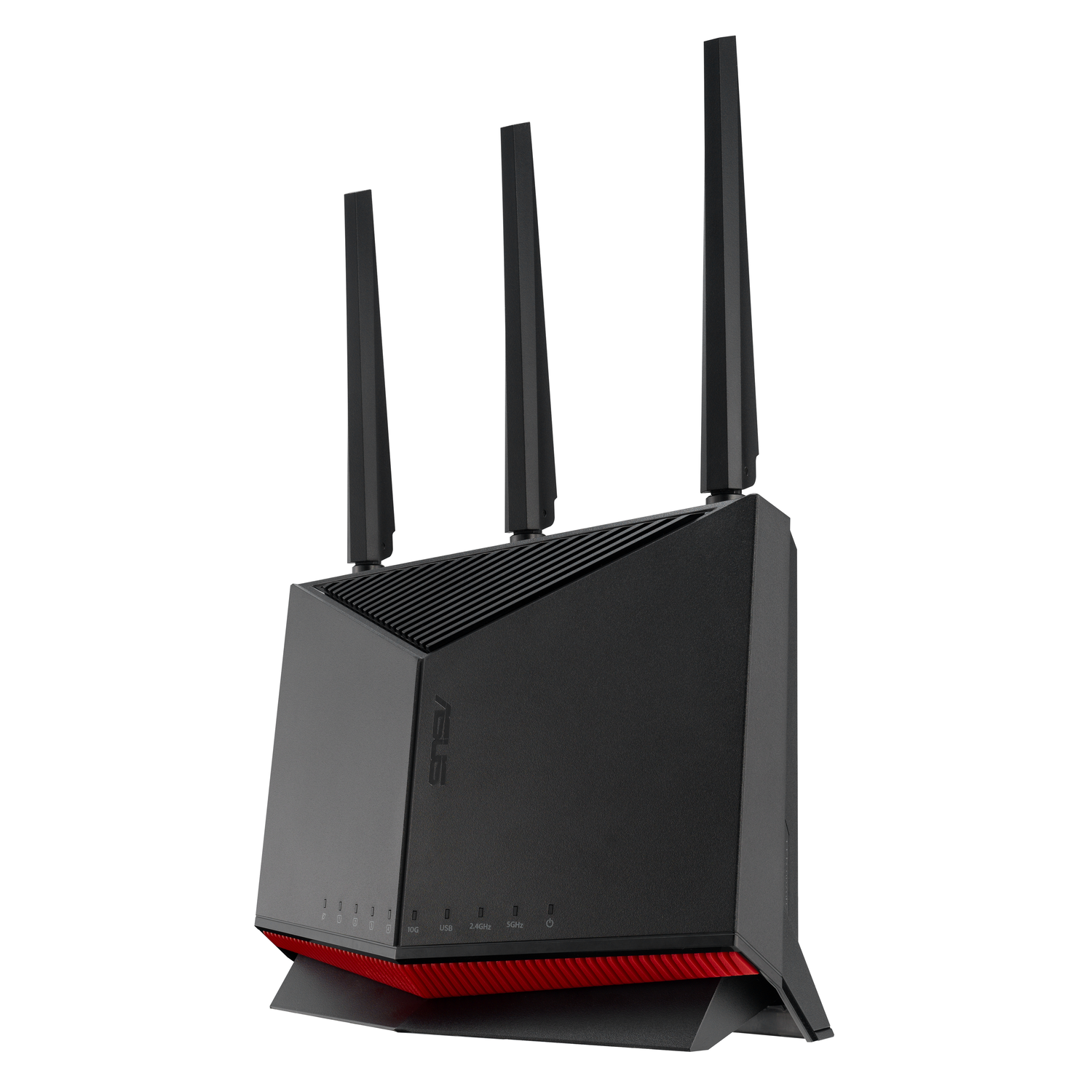 Black router with three antennas. ASUS logo visible. Angled view against a white background.