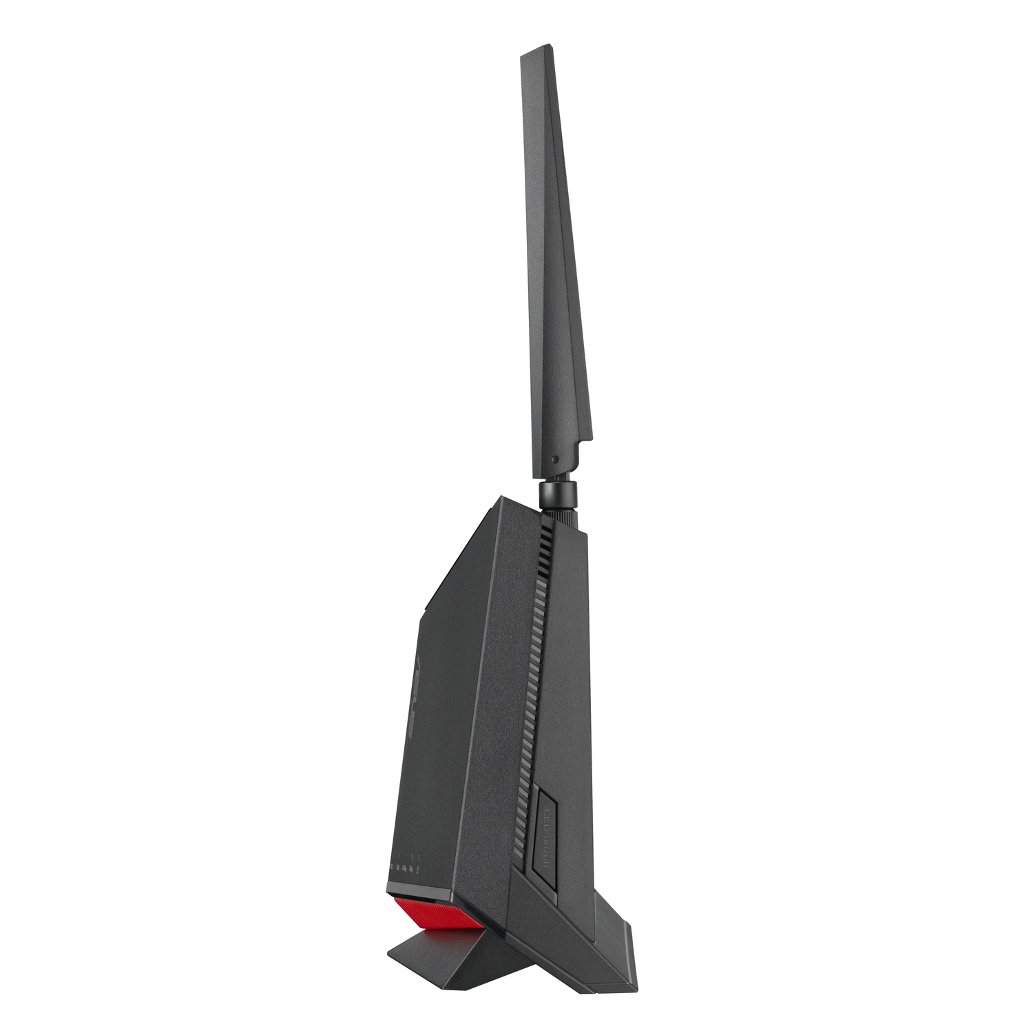 Black router with a tall antenna, on a white background. Red base and side buttons. 