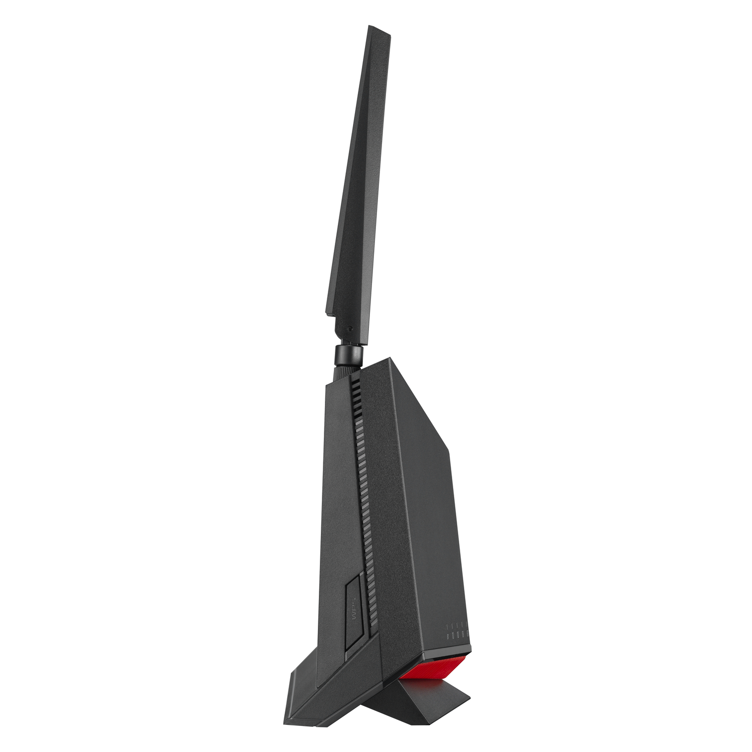 Black router with a red base and an antenna, on a white background.