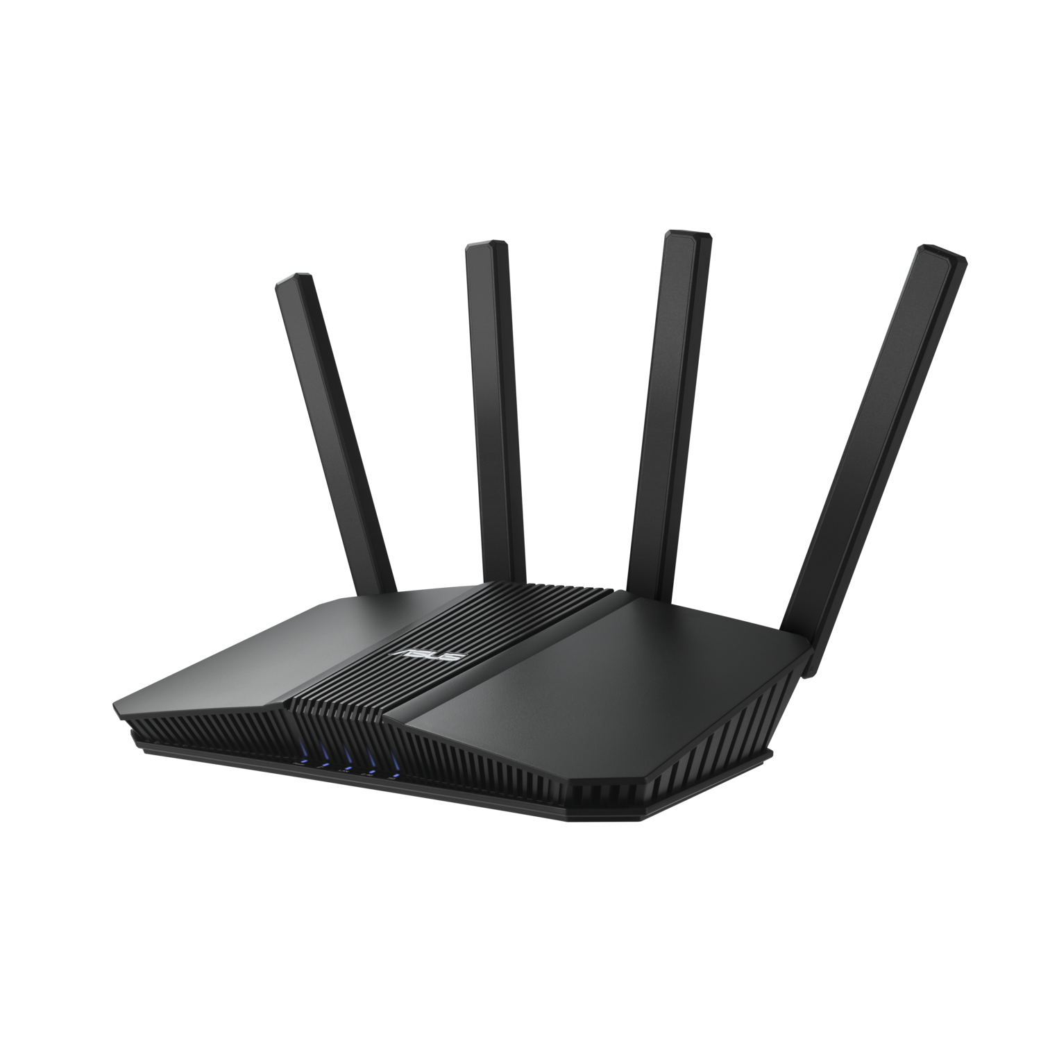 Black router with four antennas, angled against a black background.