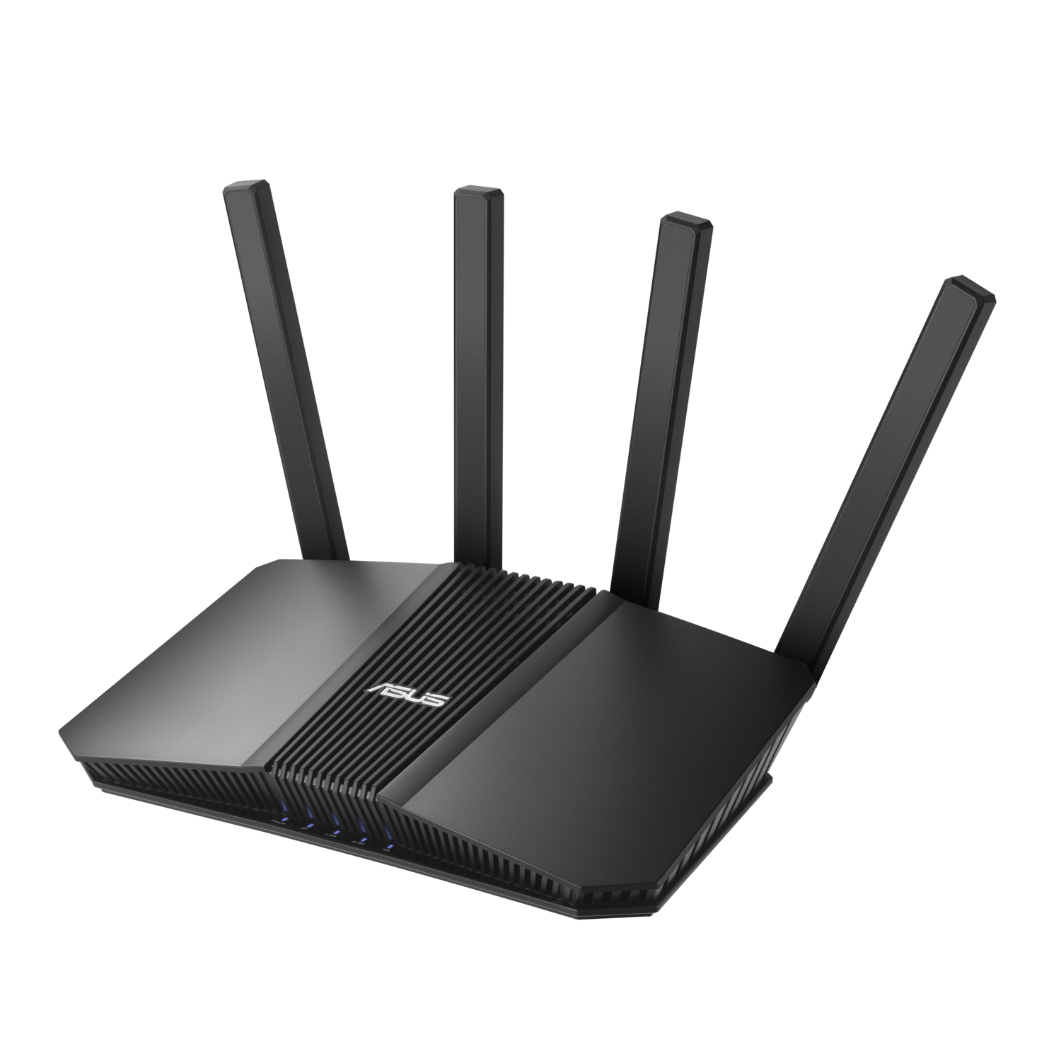 Black router. Angled view of a black router with four antennas. ASUS logo visible.