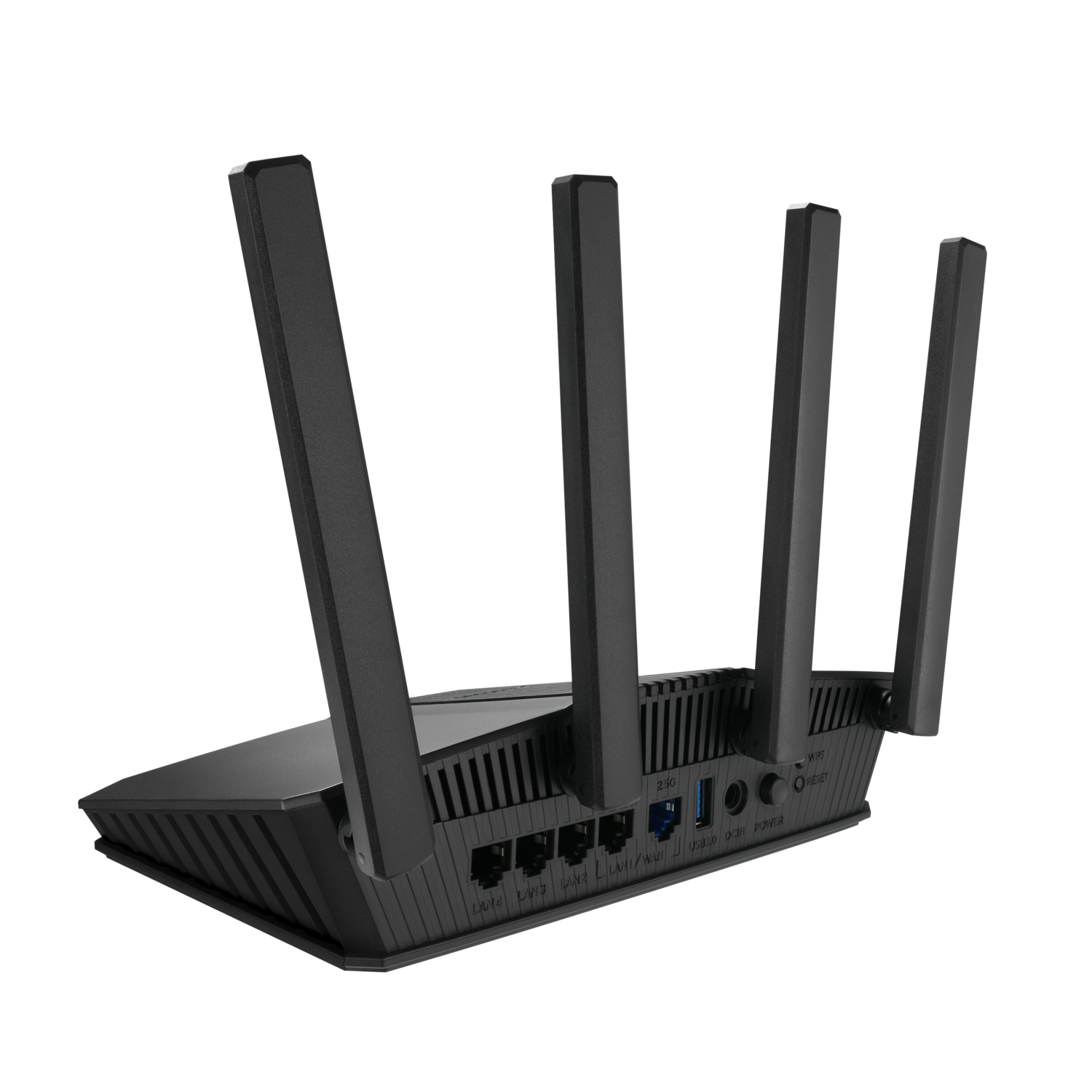 Black router with four antennas pointing upwards, isolated on black.