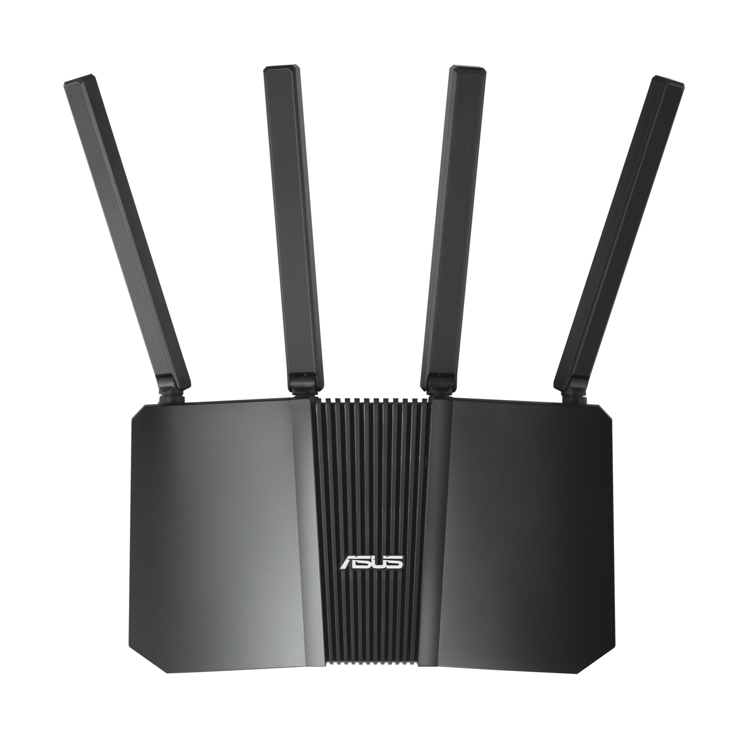 Black Asus router with four antennas, black background.