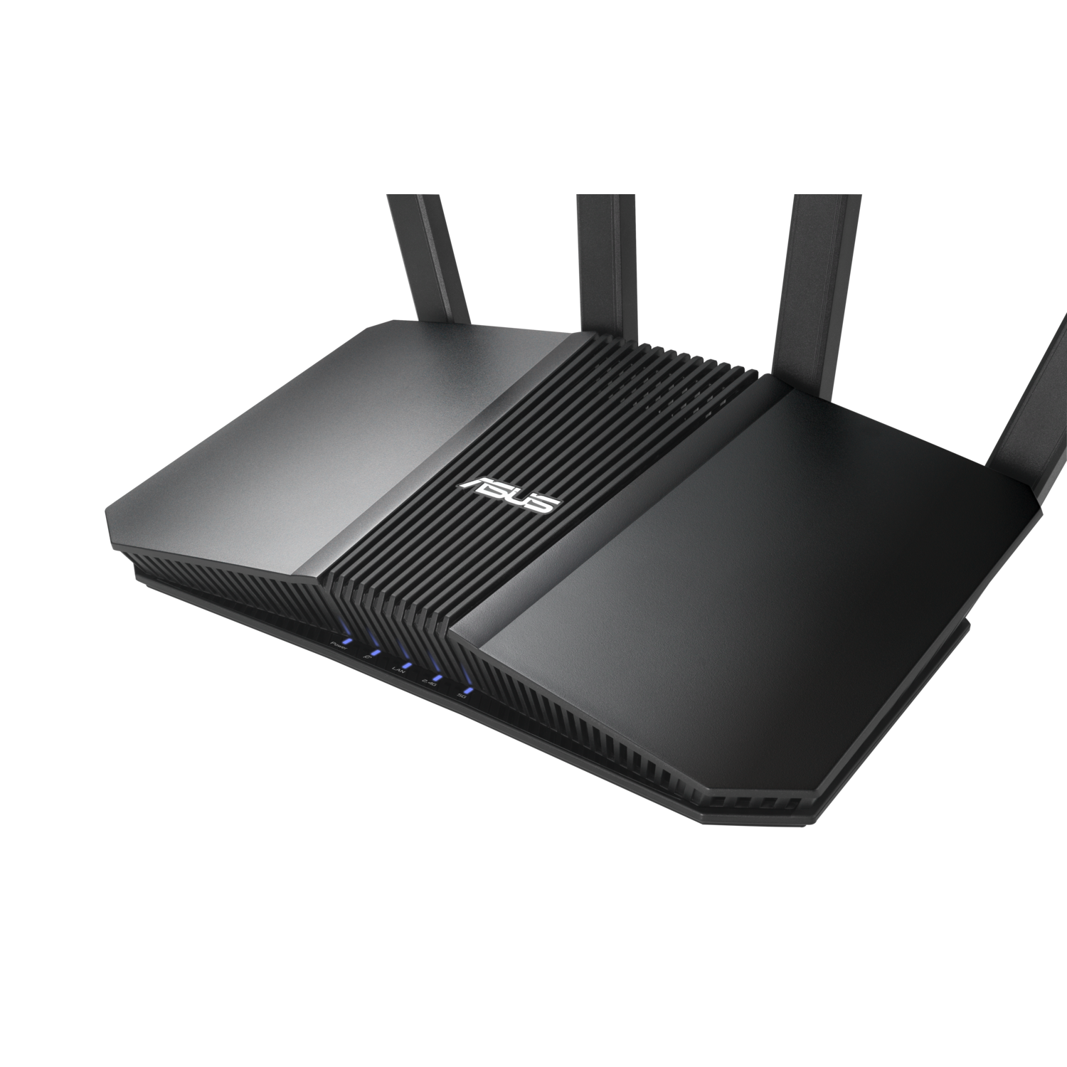 Black router with 4 antennas, on a black background. ASUS logo in the center. 