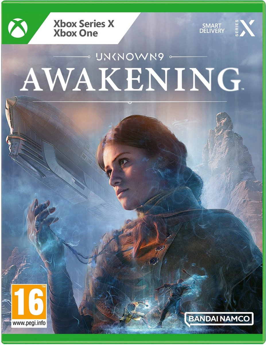 Unknown 9: Awakening Xbox Series X gamecover. Toont een vrouw met blauwe energie en een futuristische stad.