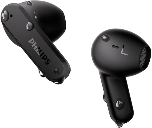 Két fekete vezeték nélküli fülhallgató Philips logóval és vízcseppekkel.