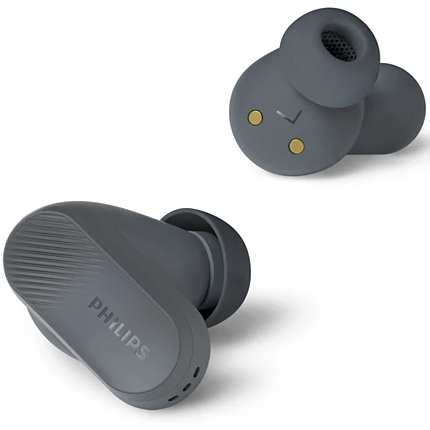 Két szürke Philips fülhallgató. Az egyik a belsejét mutatja, a másik szögben van.