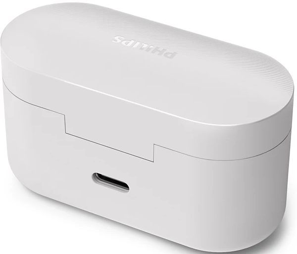 Fehér Philips fülhallgató töltőtok, ovális alakú, USB-C porttal és dombornyomott Philips logóval.