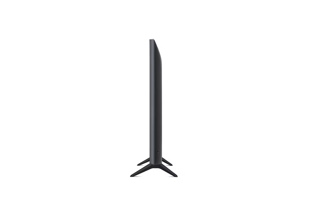 LG TV, oldalsó nézet, fekete keret, fehér háttér.