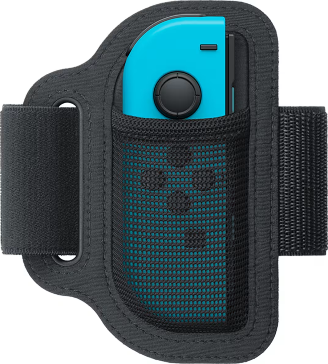 Blauer Joy-Con-Controller in einem schwarzen Handgelenkriemen, für eine Spielekonsole.