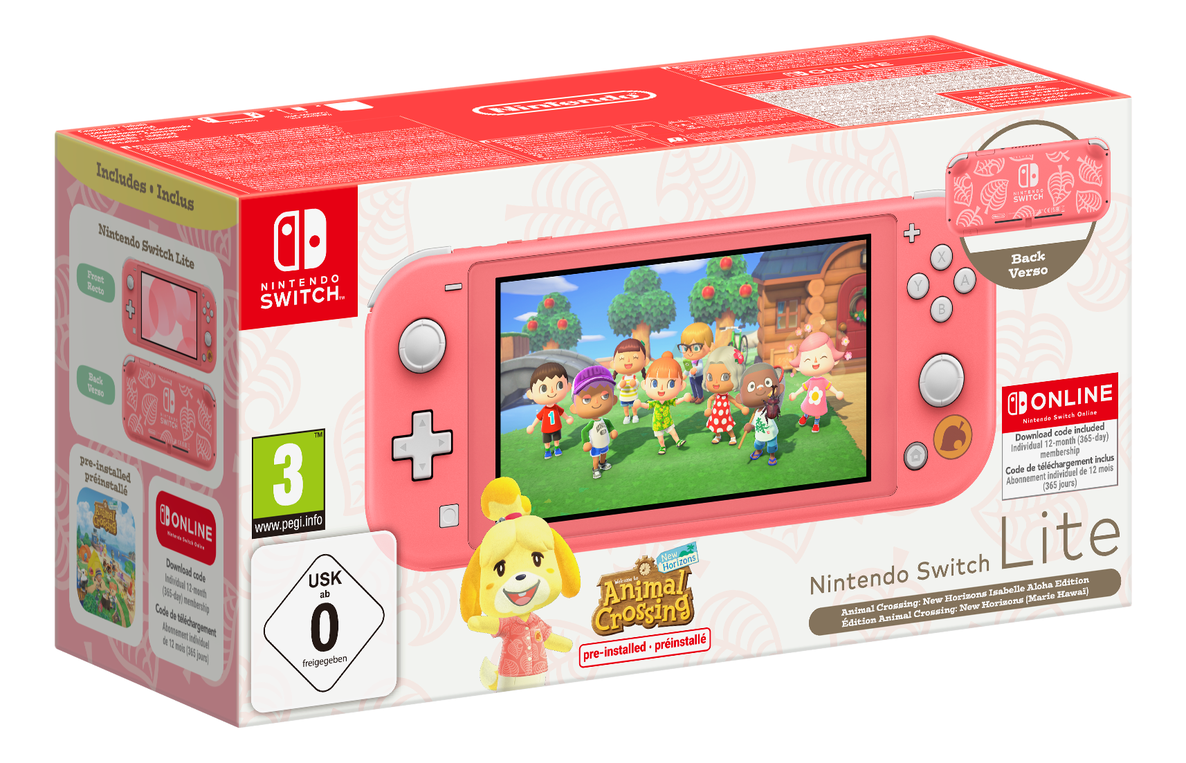 Nintendo Switch Lite Box mit Konsole und Spielfiguren auf dem Bildschirm.