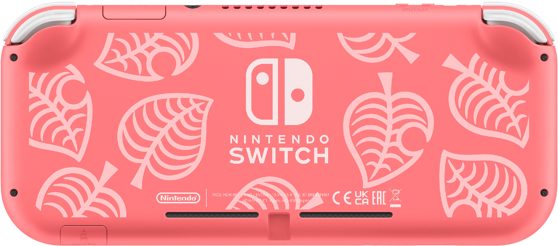 Rosa Nintendo Switch Lite, Rückansicht. Mit Animal Crossing-Blättern.