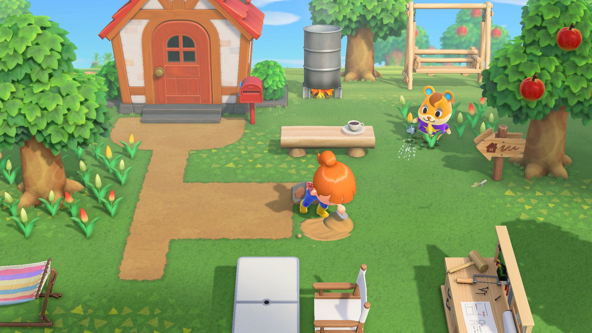 Animal Crossing, eine Figur pflastert einen Weg, eine andere gießt Pflanzen.