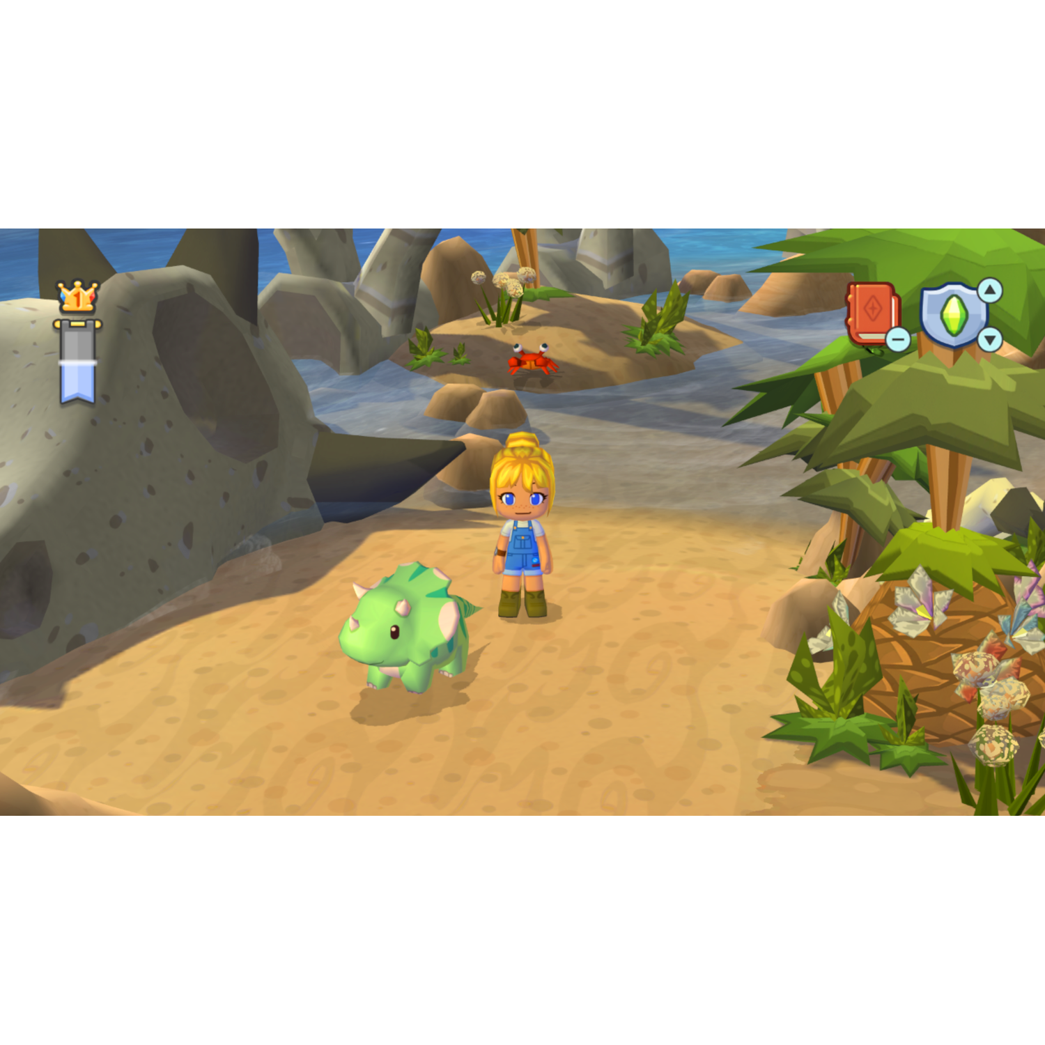 Video game screenshot: Girl and green dinosaur on a beach.
