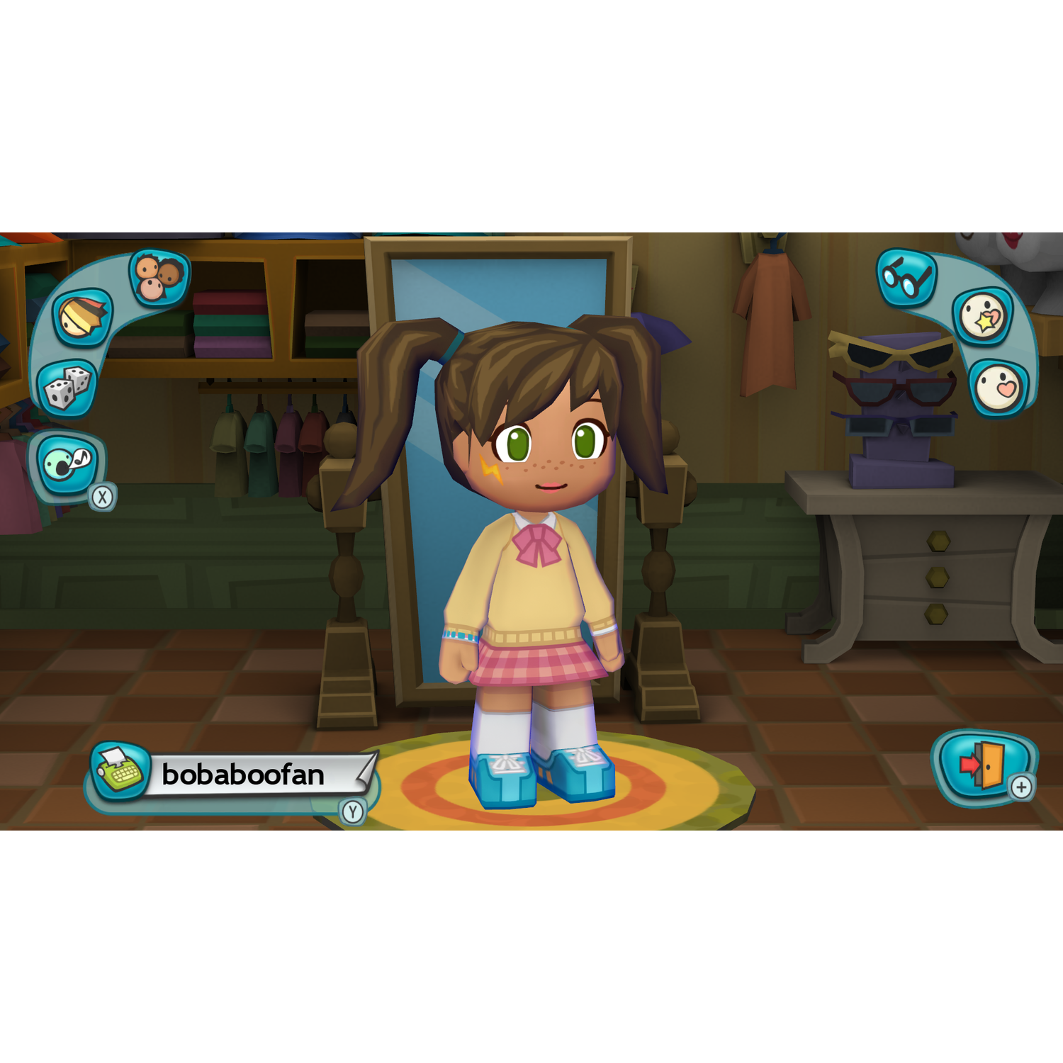 A cartoon girl in a dress-up scene, with pigtails and a star on her face.
