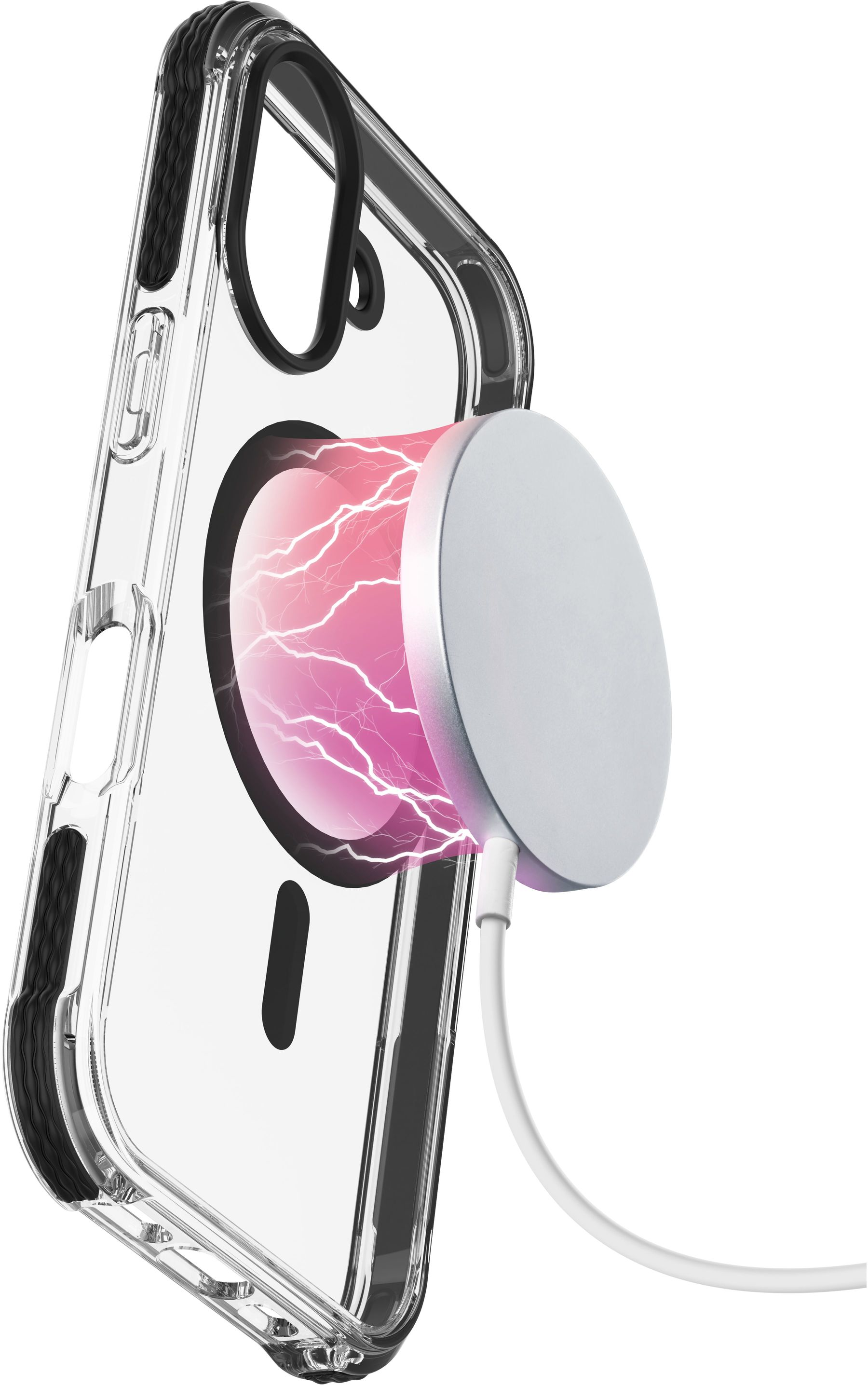 Coque de téléphone avec chargeur MagSafe. Effet d'éclair rose autour.