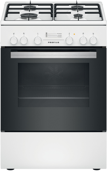 Gazlı ocak ve fırınlı beyaz PROFILO ocak. Kontrol düğmeleri beyazdır.