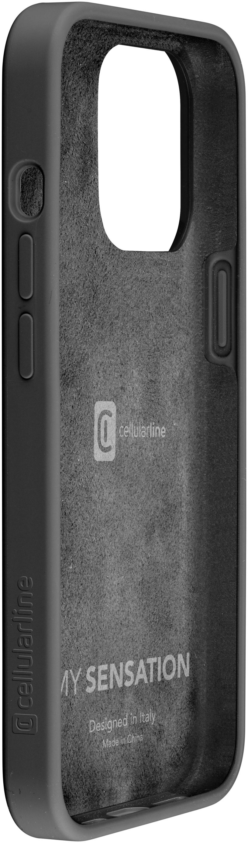 Coque de téléphone noire avec le logo cellularline et le texte 'MY SENSATION'.
