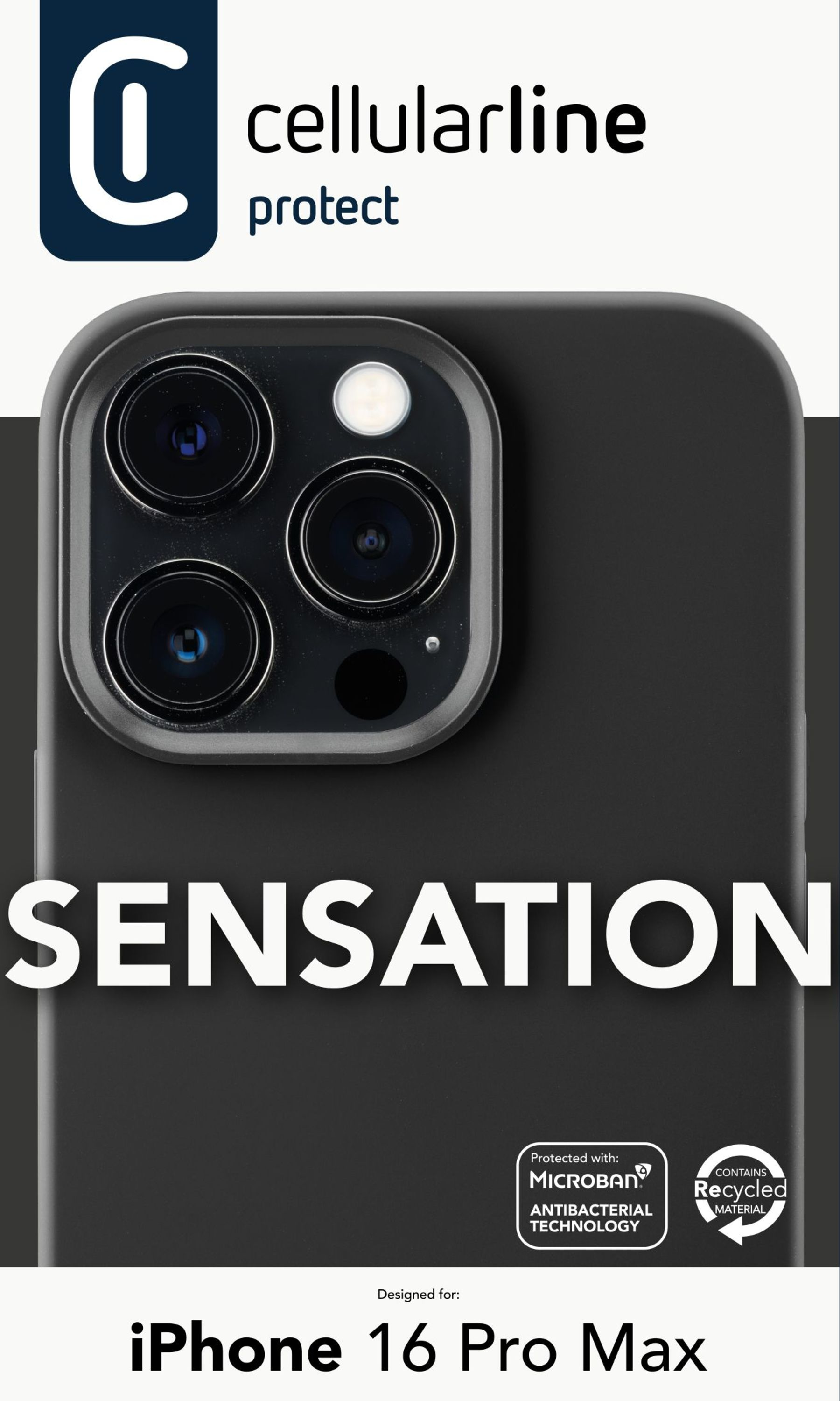 Coque de téléphone noire avec un téléphone. La coque porte le mot 'SENSATION'.