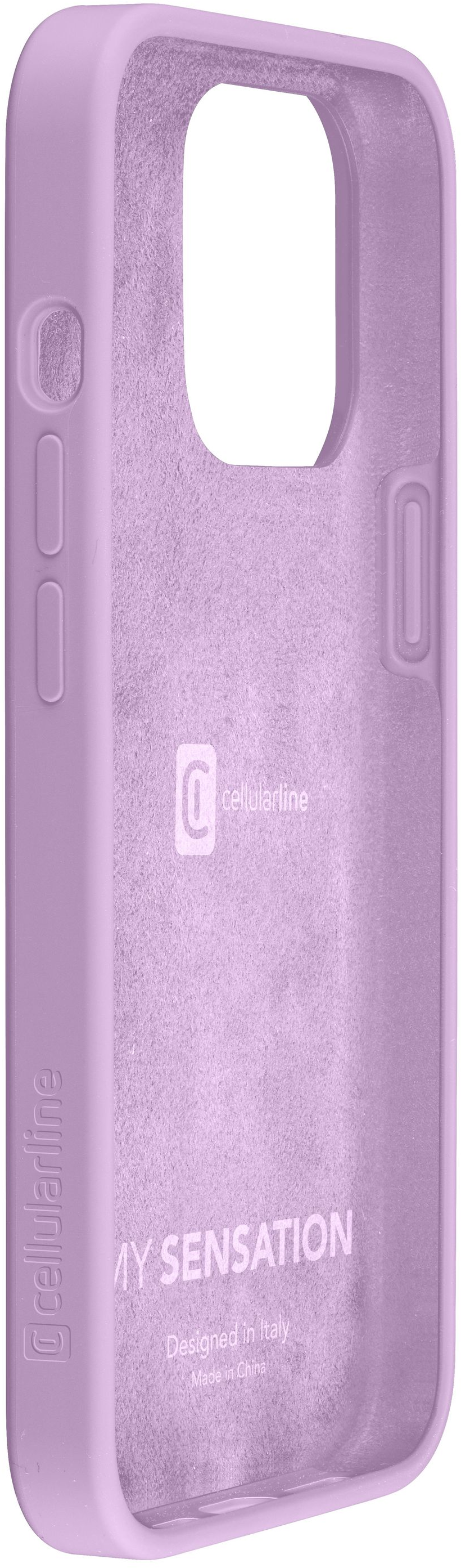 Coque de téléphone lilas avec fond blanc. Le nom de la marque et les détails de conception sont visibles.