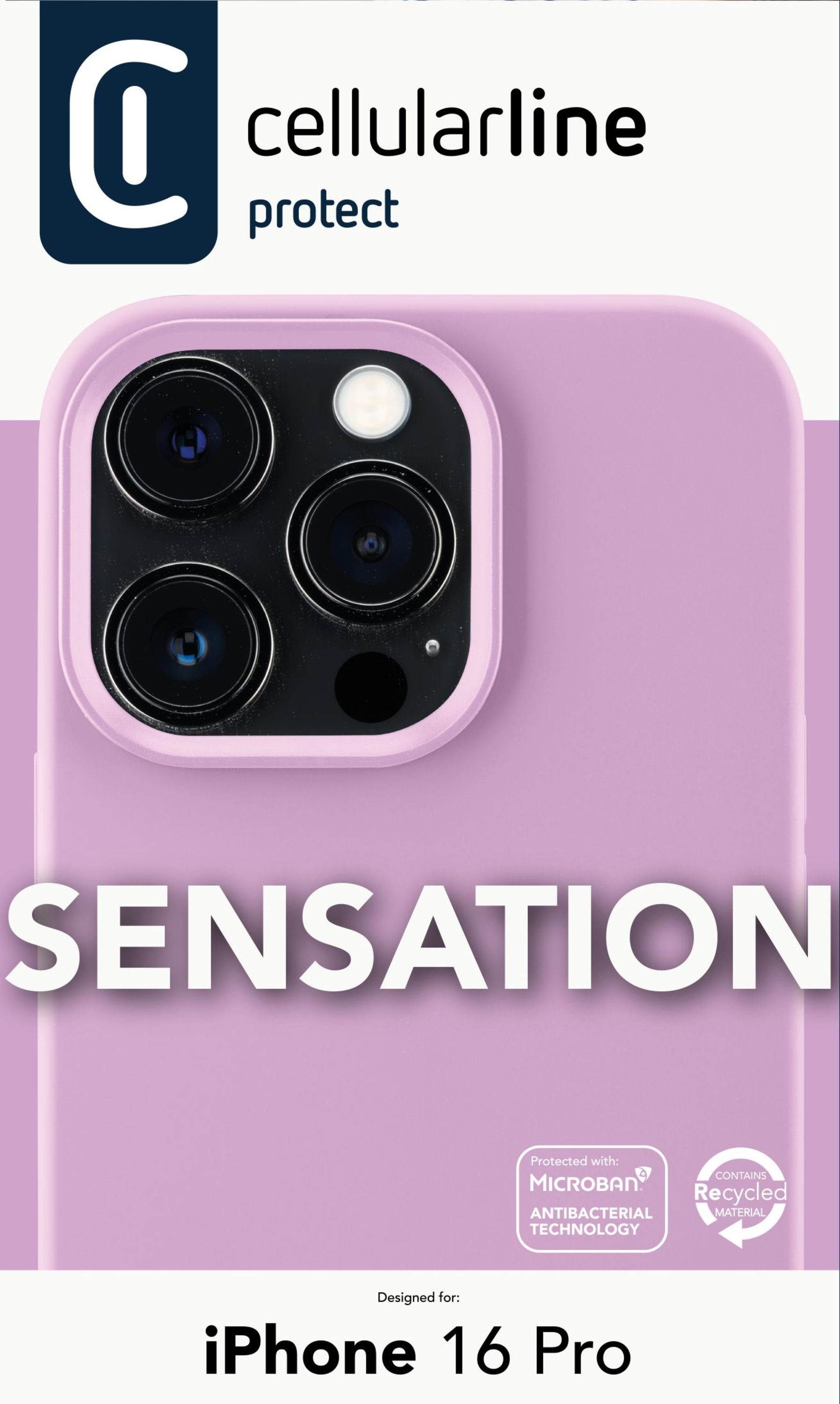 Coque de téléphone lilas avec découpes caméra et le mot SENSATION.