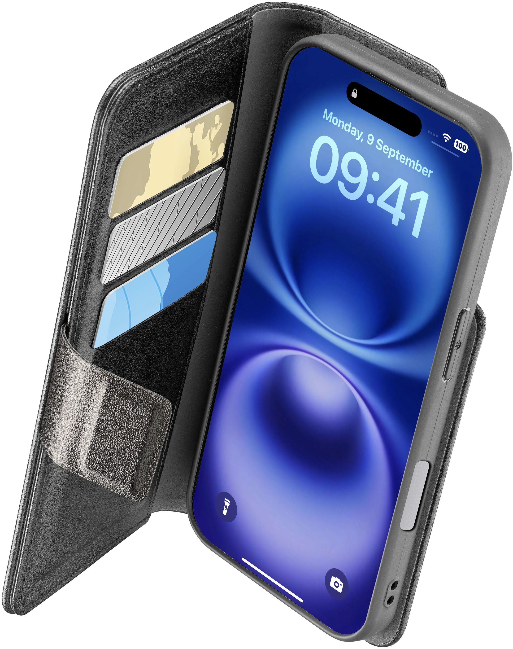 Téléphone dans un étui folio avec cartes et écran d'accueil visibles.