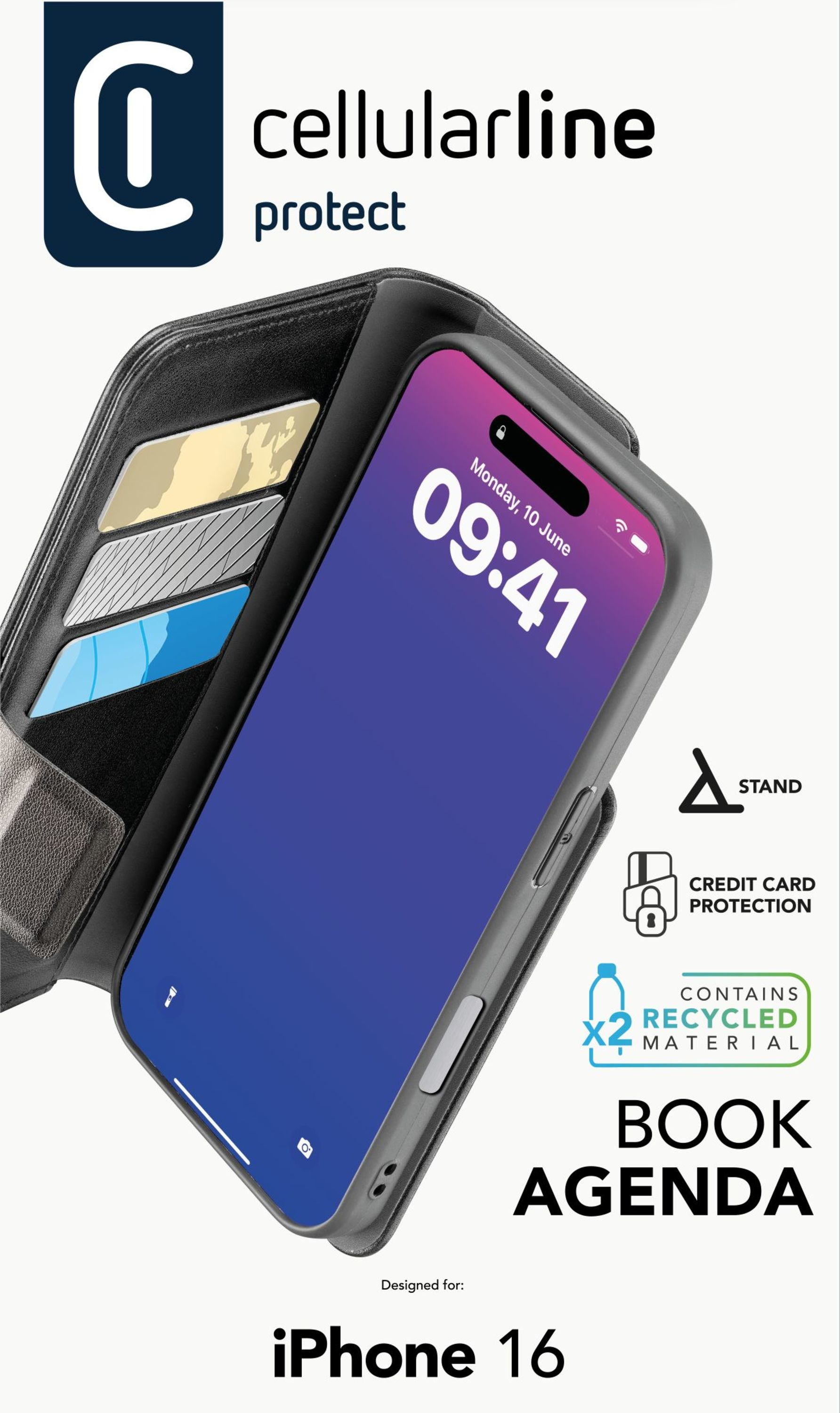 Coque de téléphone avec téléphone à l'intérieur, design portefeuille, contient matière recyclée.