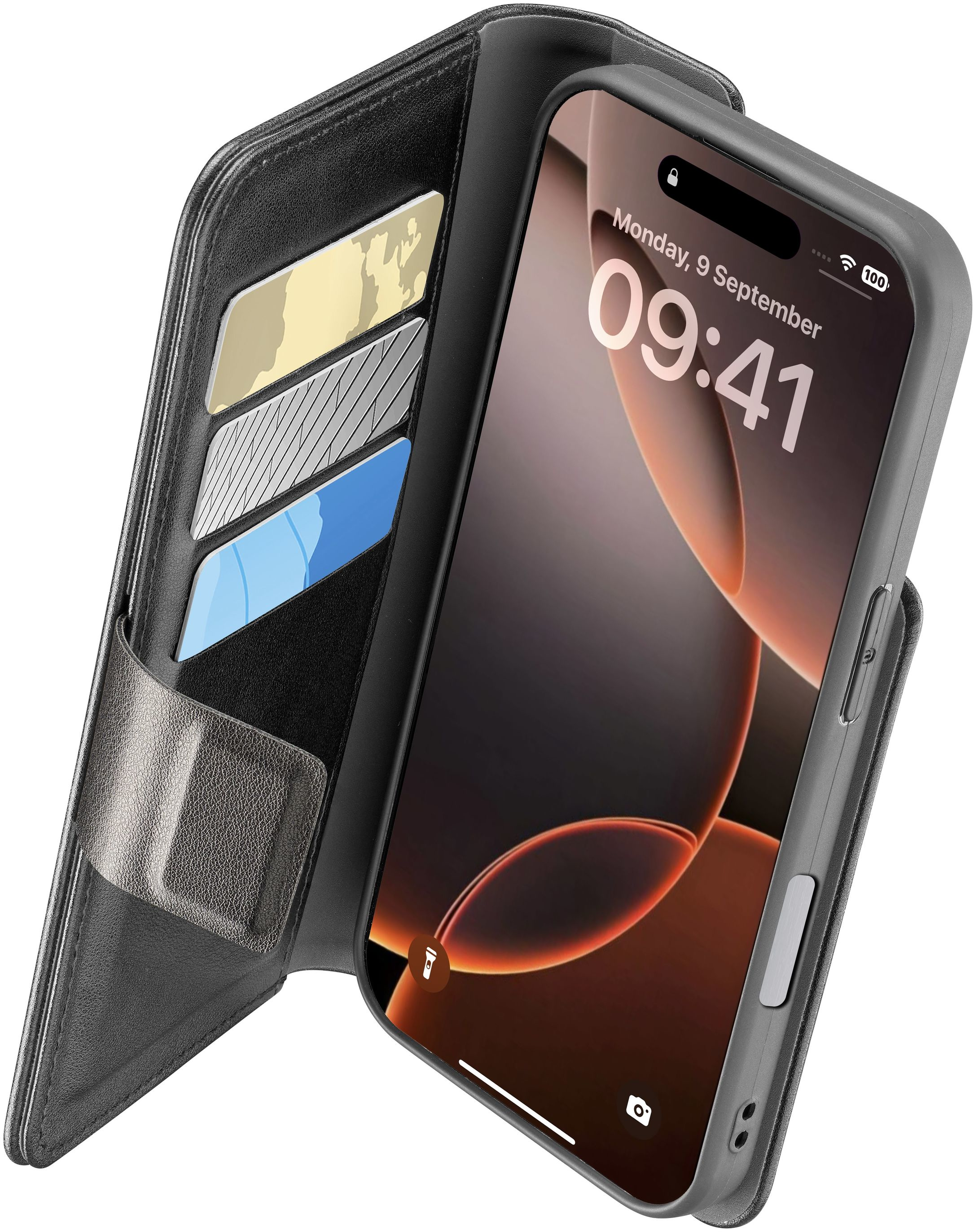Étui de téléphone ouvert avec un téléphone affichant l'écran d'accueil et des cartes. Fond blanc.
