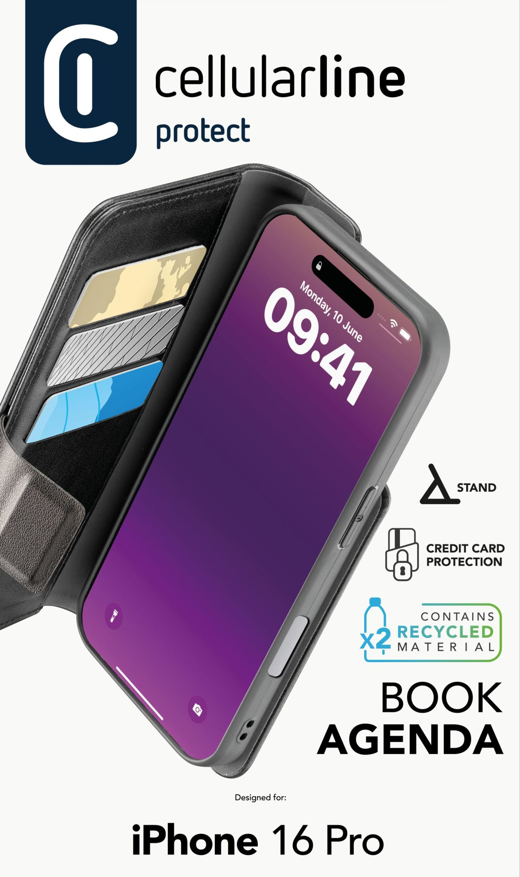 Étui Book Agenda pour iPhone 16 Pro. Il est fermé, affichant l'heure à l'écran.