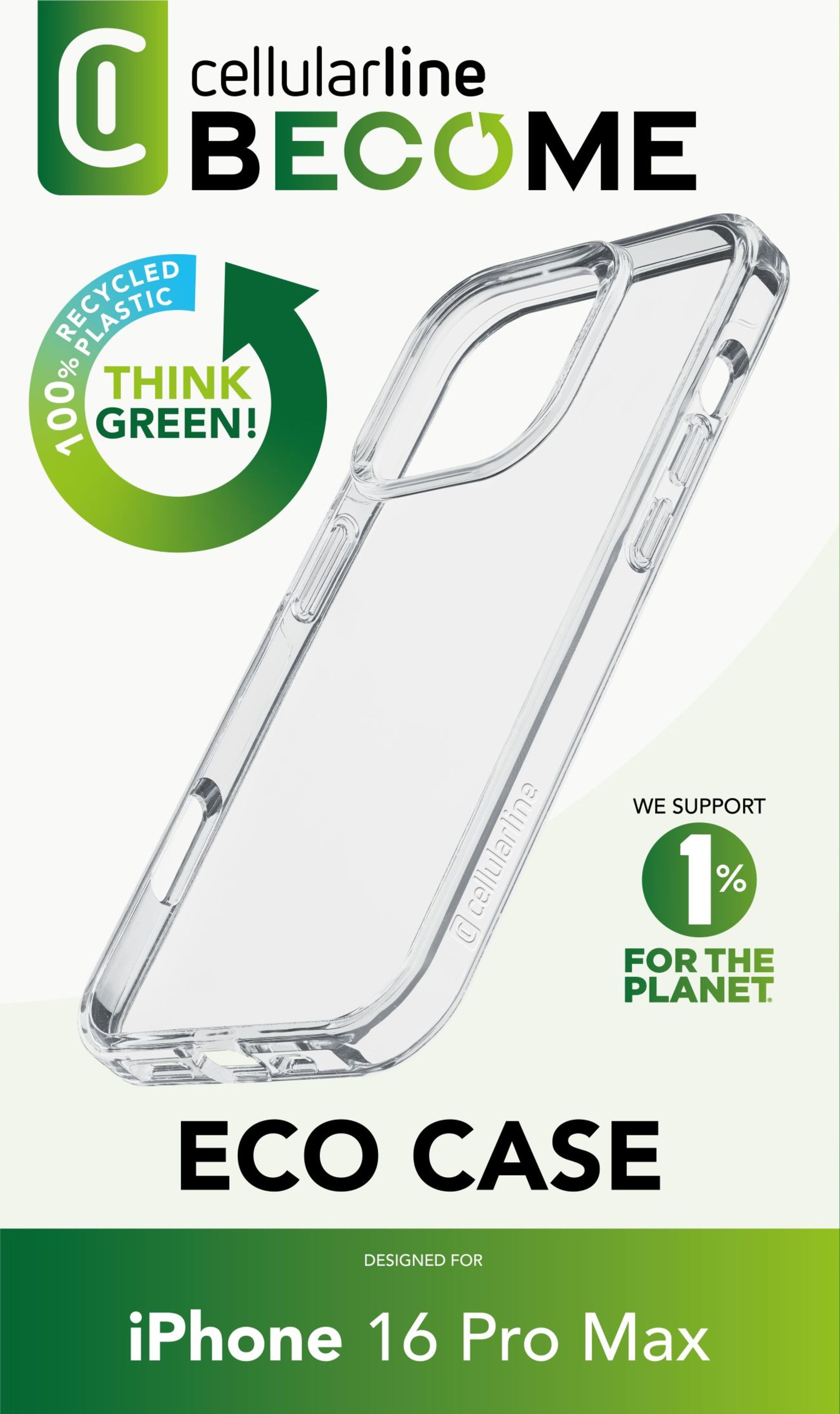 Transparente iPhone 16 Pro Max Hülle, mit grünen Akzenten und Recycling-Logo. "Think Green!"