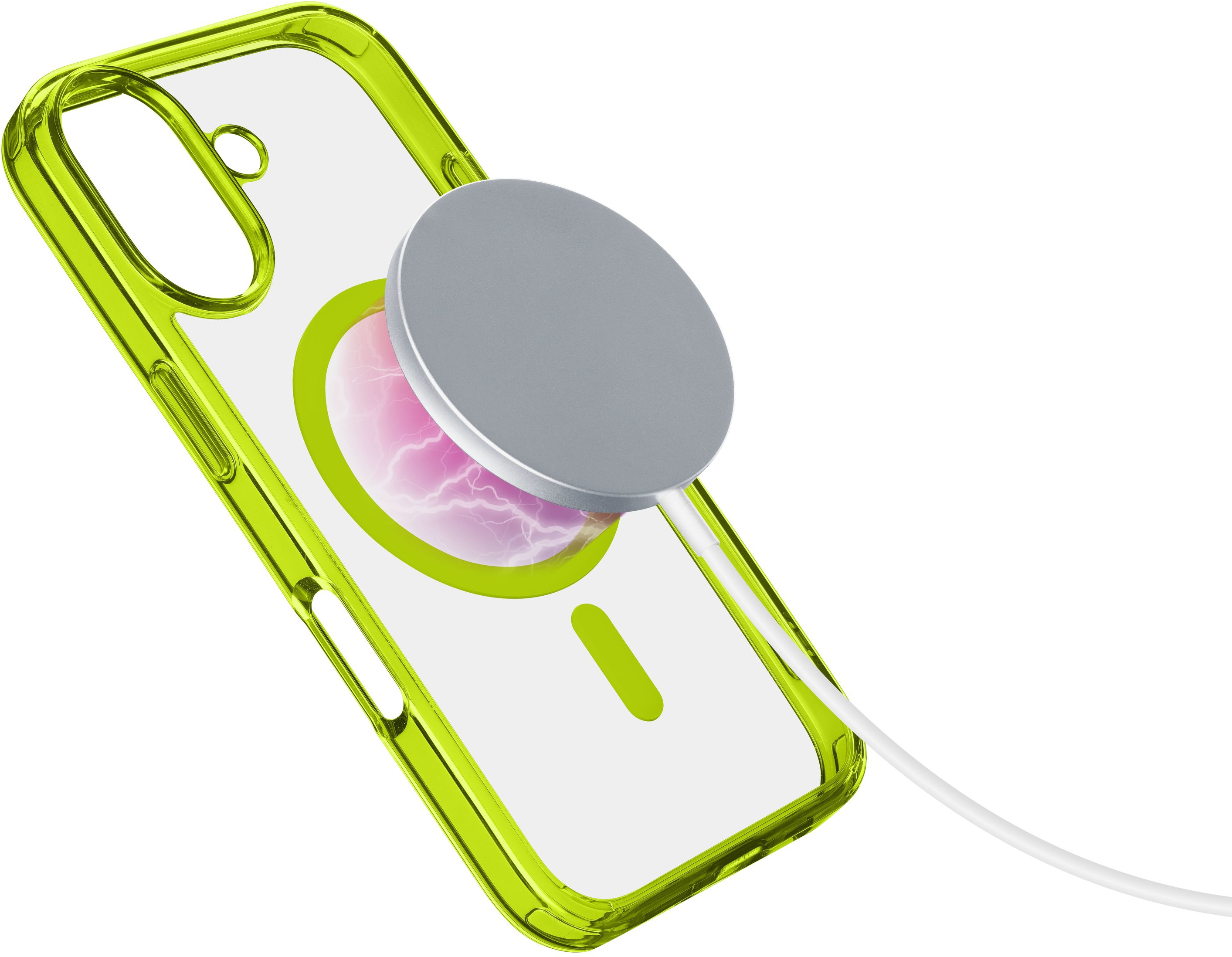 Coque de téléphone avec un chargeur MagSafe attaché. La coque est vert citron et le chargeur est argenté.