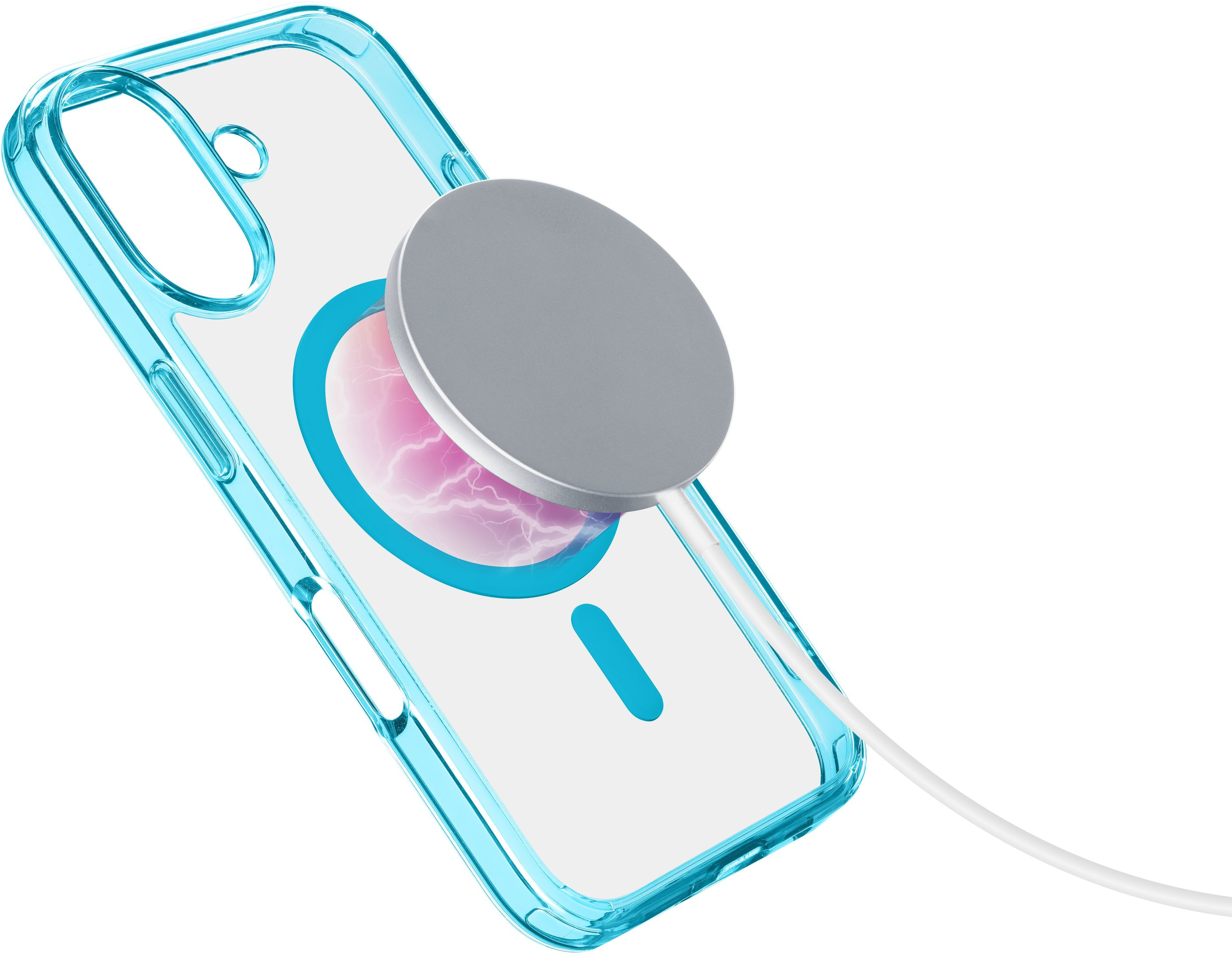 Coque de téléphone bleue avec un chargeur magnétique argenté. Câble blanc attaché.