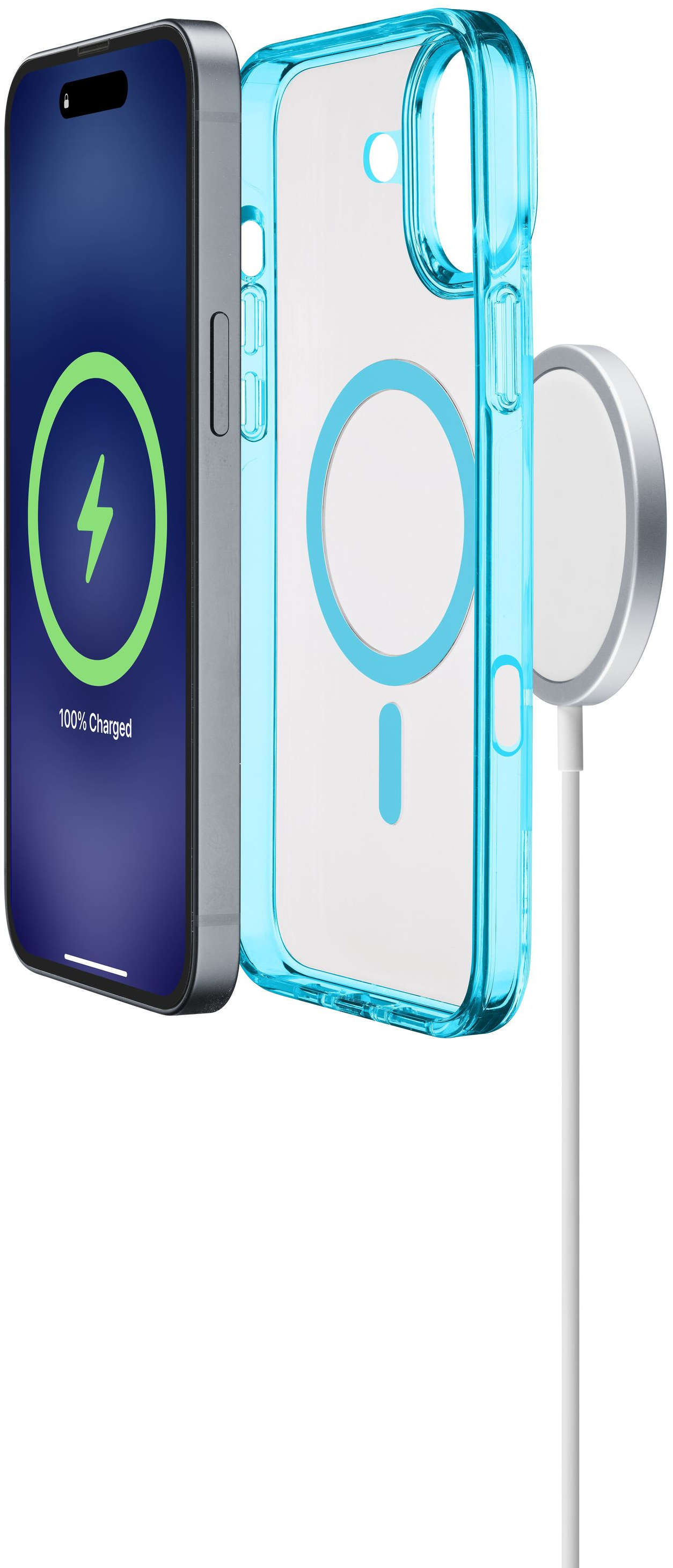 Téléphone dans une coque bleue transparente avec chargeur MagSafe, en charge. 100% chargé affiché.