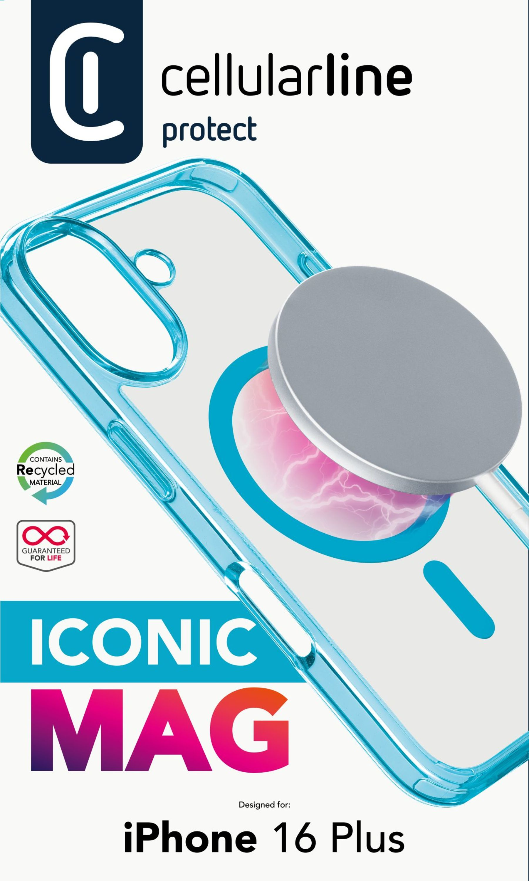 Emballage d'étui de téléphone avec un étui transparent et le mot MAG.