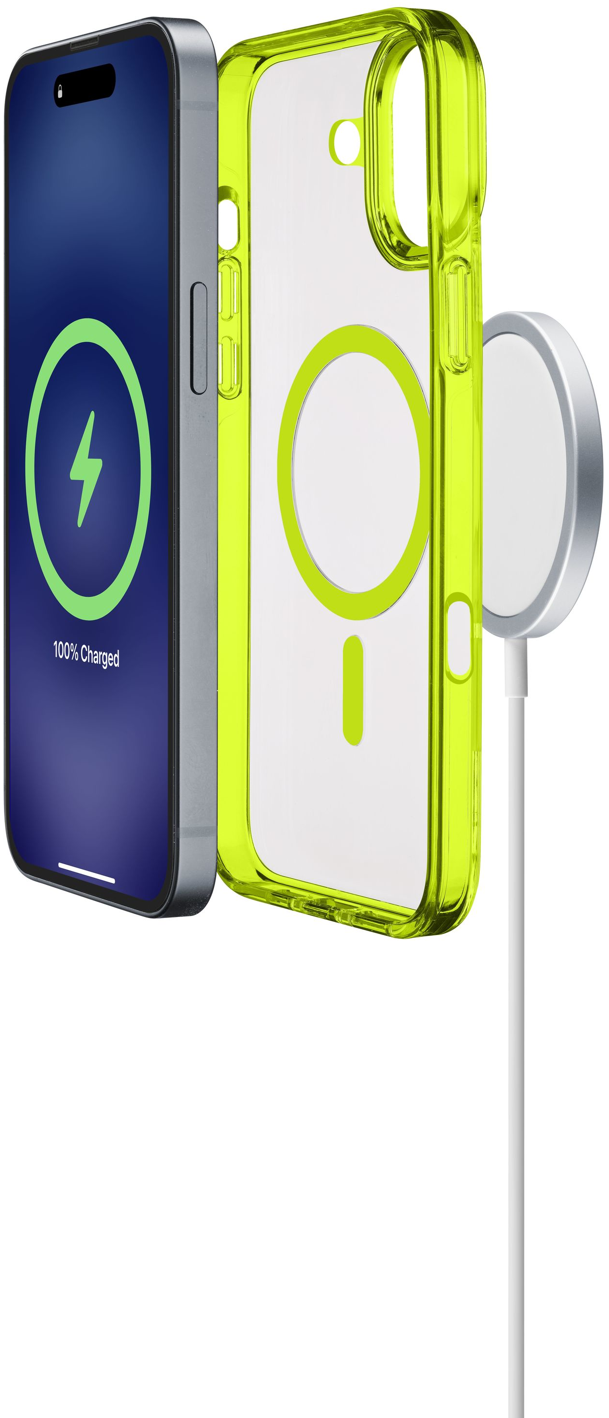 iPhone dans un étui vert néon, se rechargeant sans fil avec un chargeur blanc.
